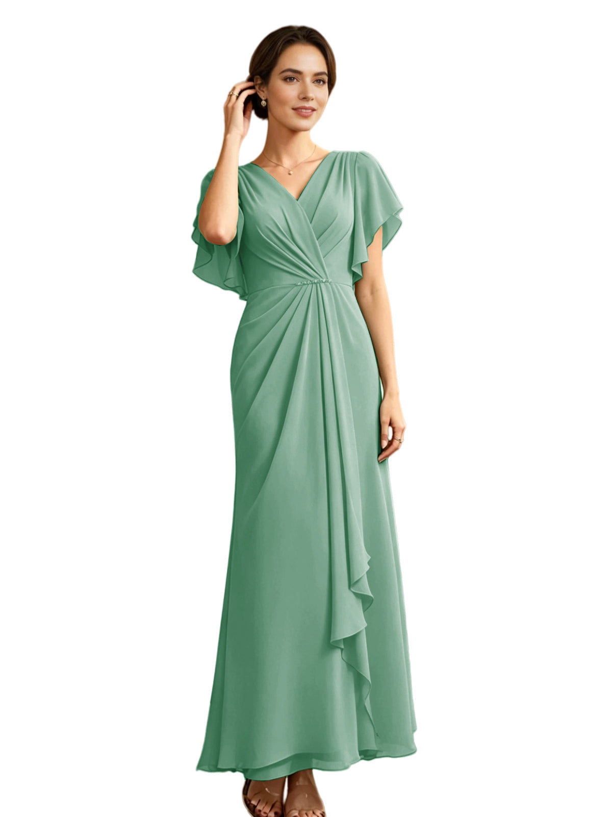 Long mint green chiffon V-neck A-line dress with flutter sleeves and wrap bodice