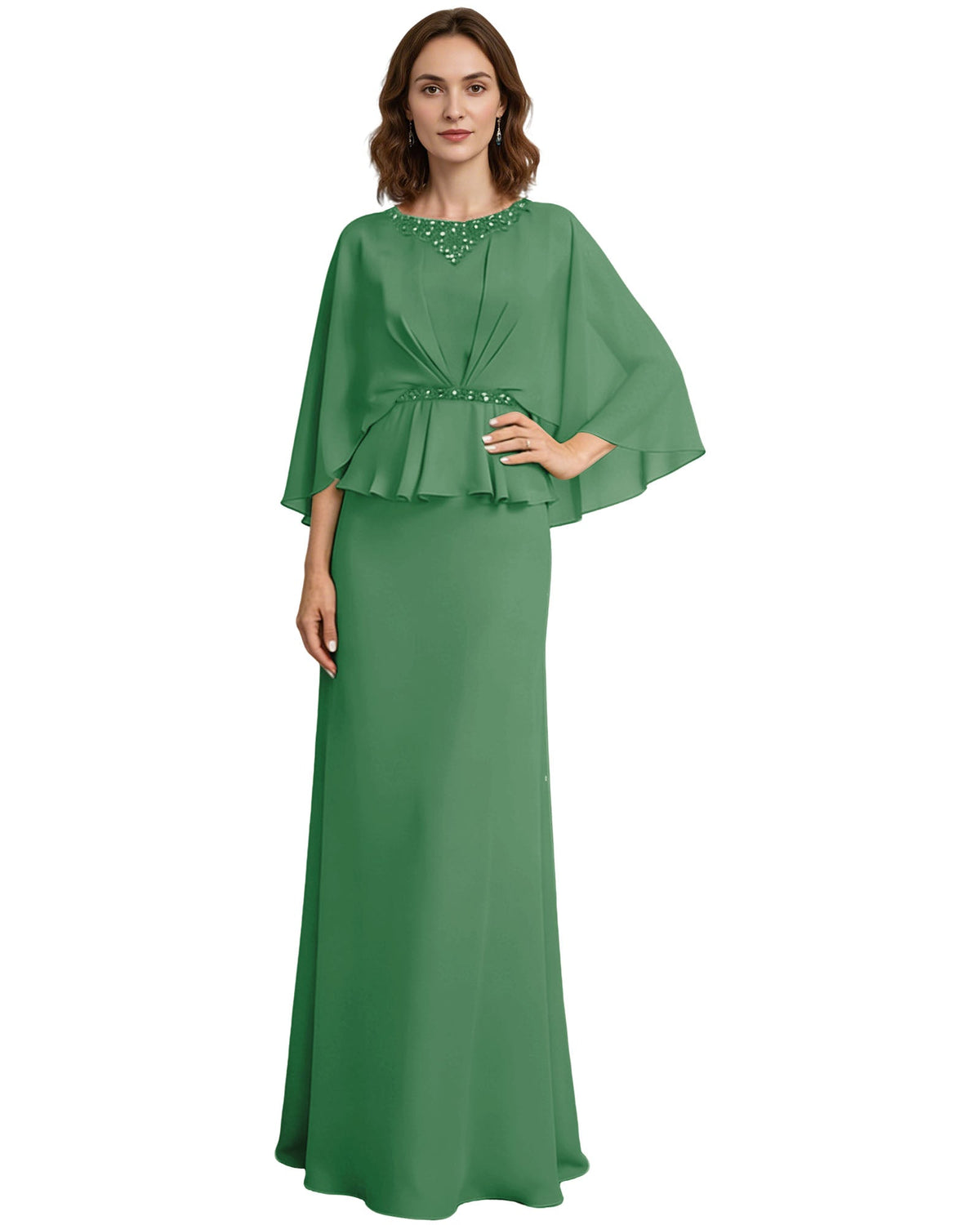 Emerald green long formal dress with beaded neckline, capelet sleeves, and peplum drape