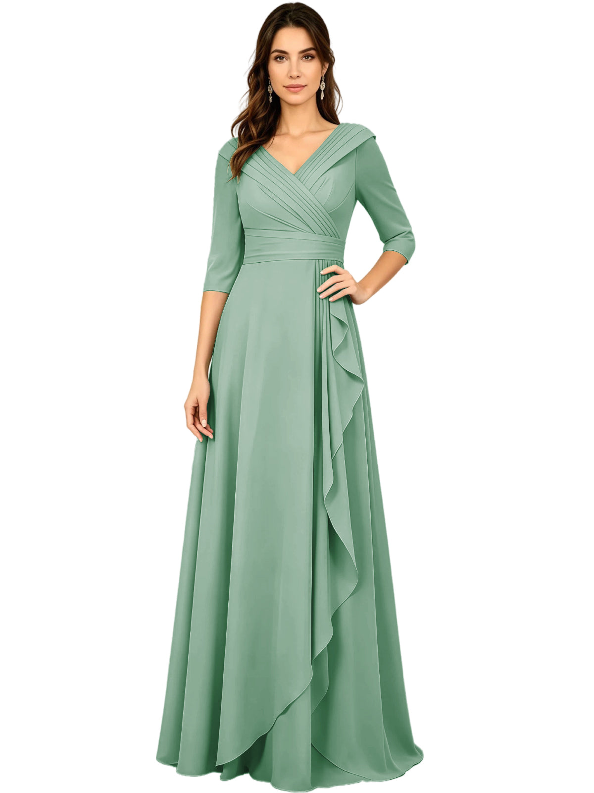 Long V-neck A-line chiffon gown, half sleeves, mint green with side ruffle drape