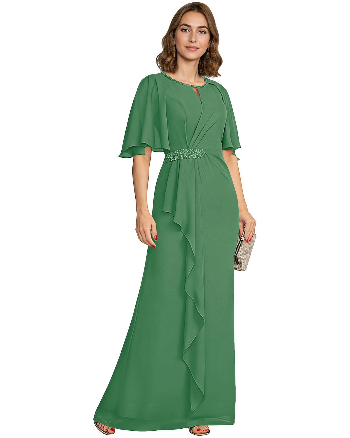 Chiffon A-line formal dress with flutter sleeves, beaded waist, ruffle drape—emerald green