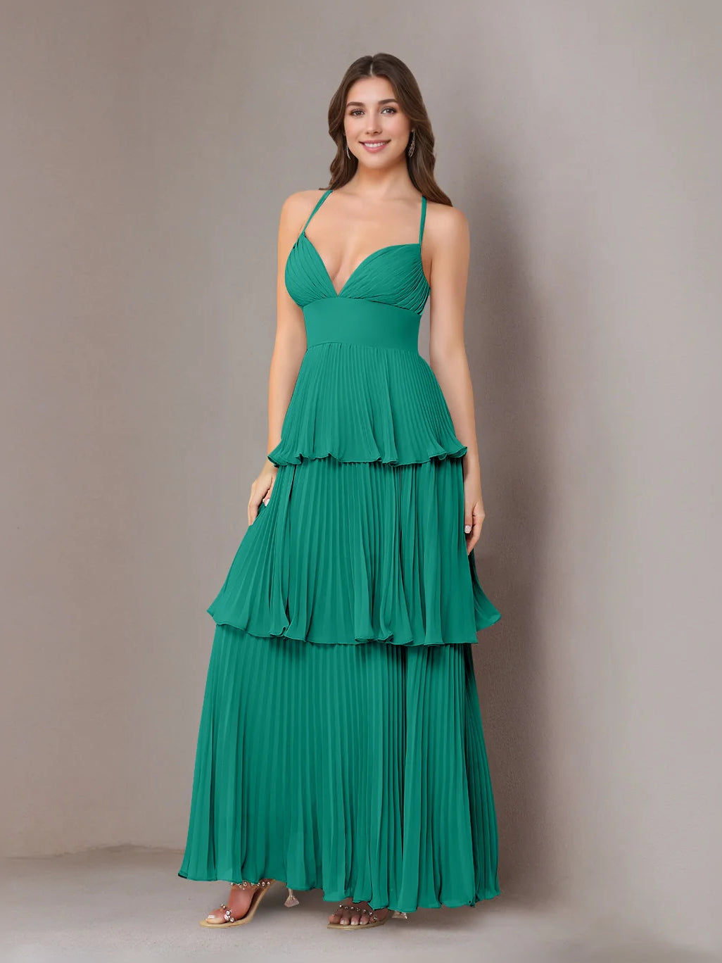 Deep green V-neck A-line tiered ruffle maxi chiffon dress with cascading tiers