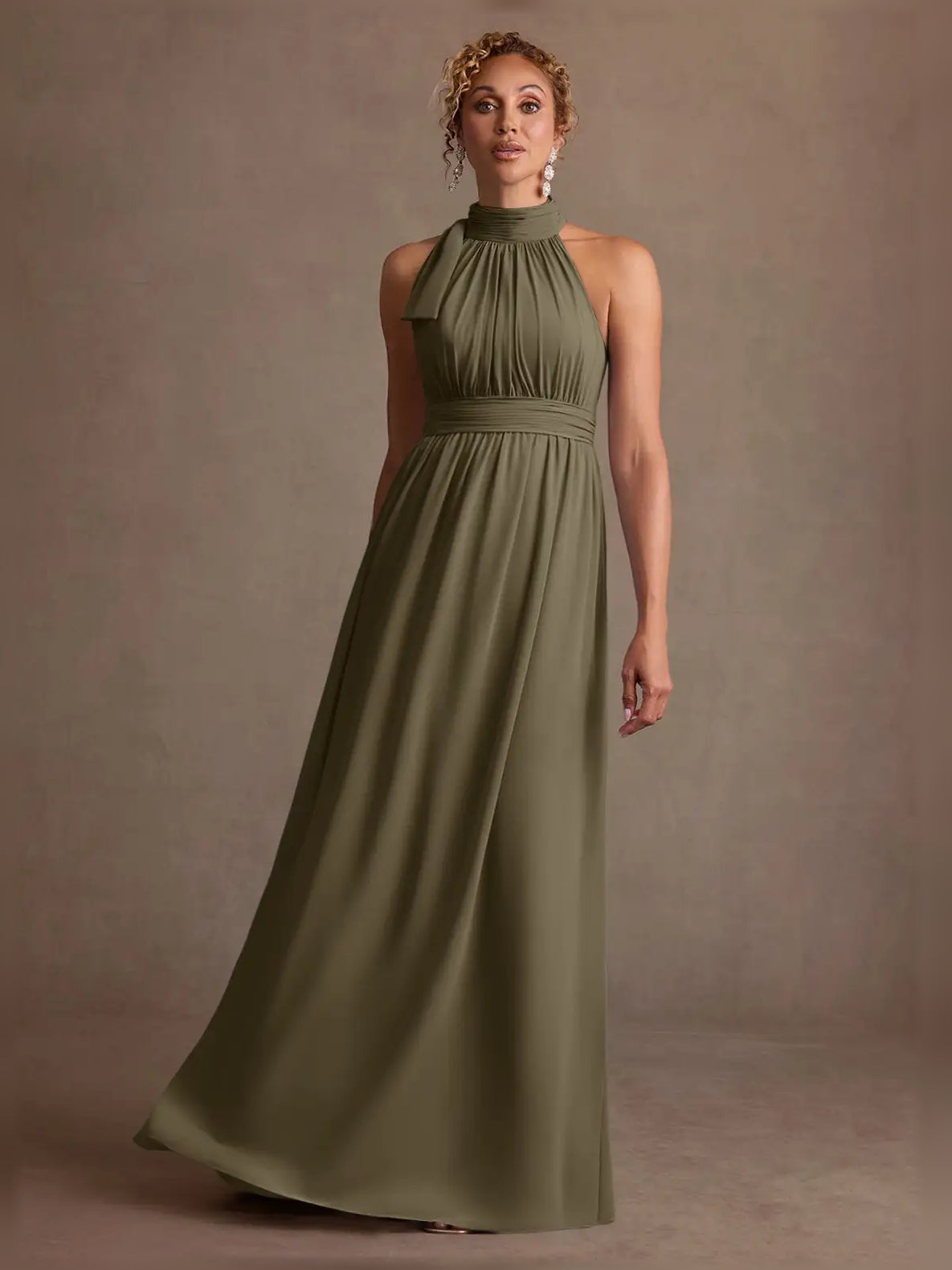 Olive green halter neck ruched A-line formal dress, floor-length skirt with gathers