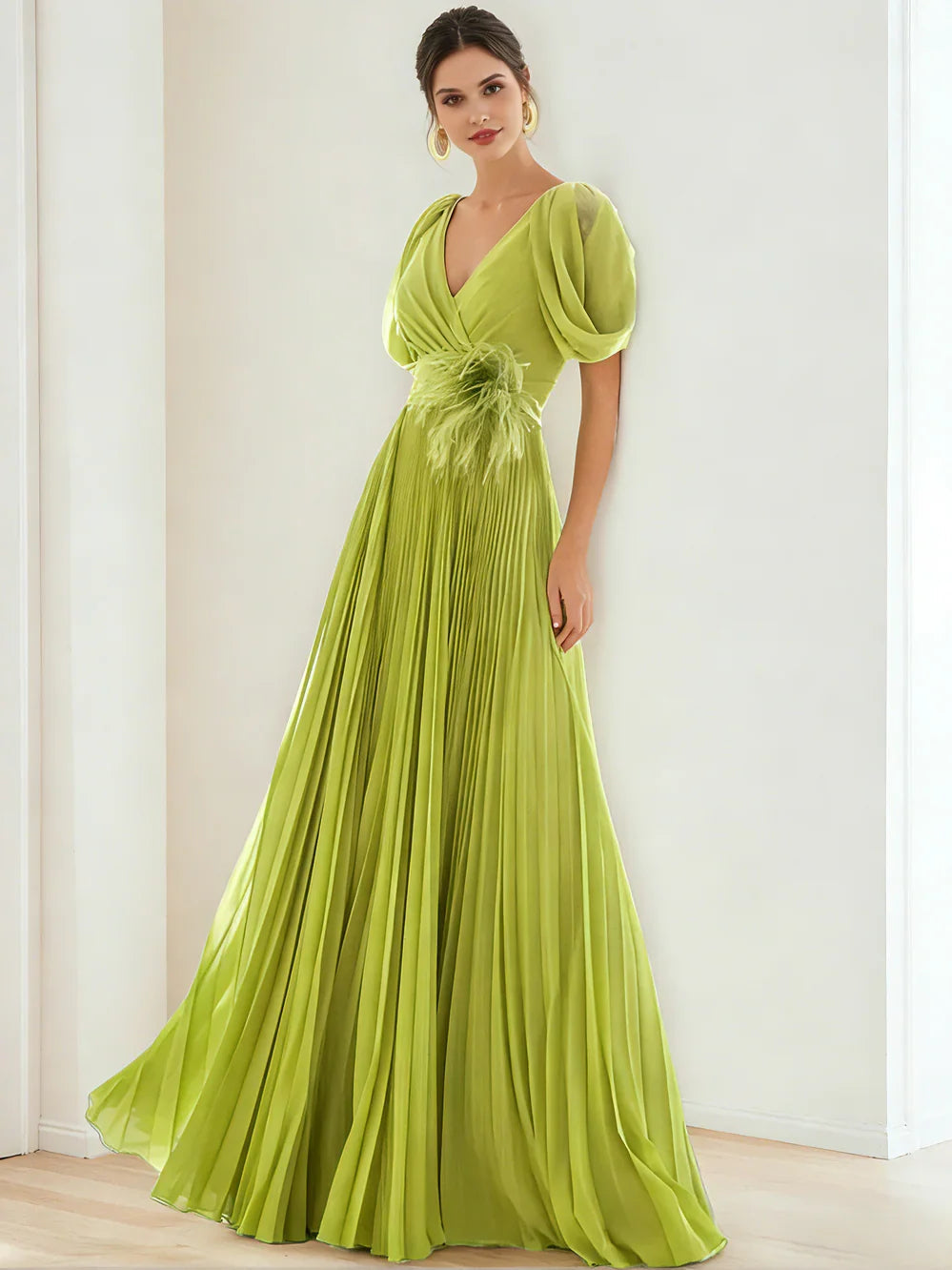 Olive green V-neck formal dress with puff sleeves and pleated floor-length skirt