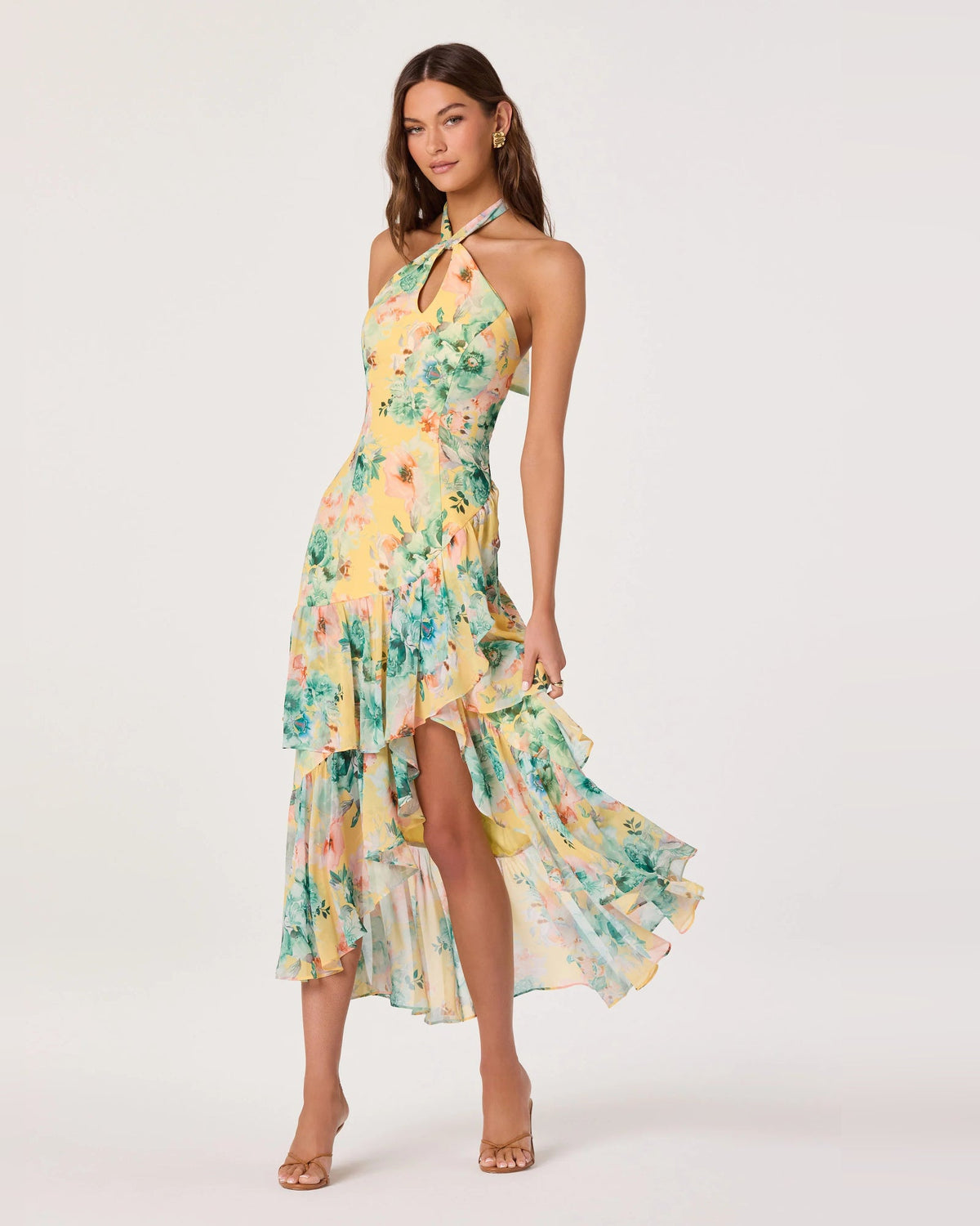 Yellow-green floral halter neck A-line high-low dress with tiered ruffle skirt