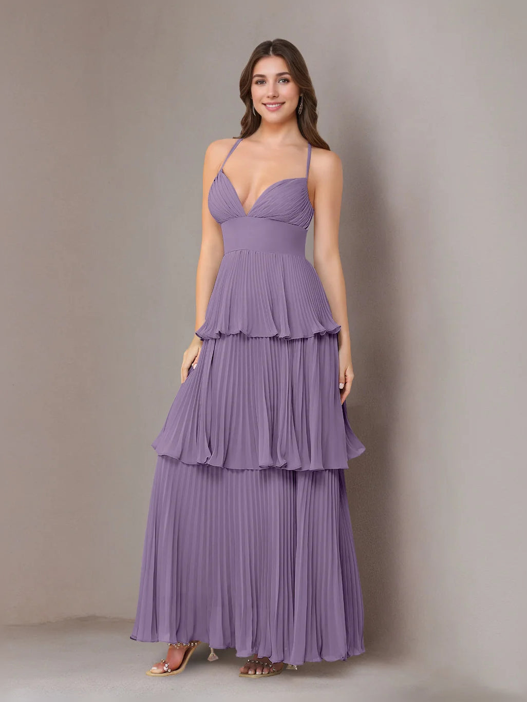 Tiered ruffled V-neck A-line maxi chiffon dress, dusty lavender, spaghetti straps
