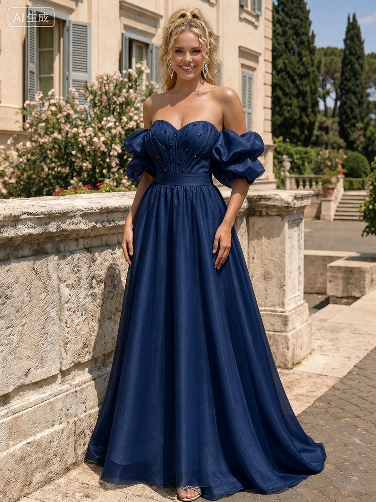 Navy off-shoulder sweetheart A-line prom dress with puff sleeves and buttoned-look bodice