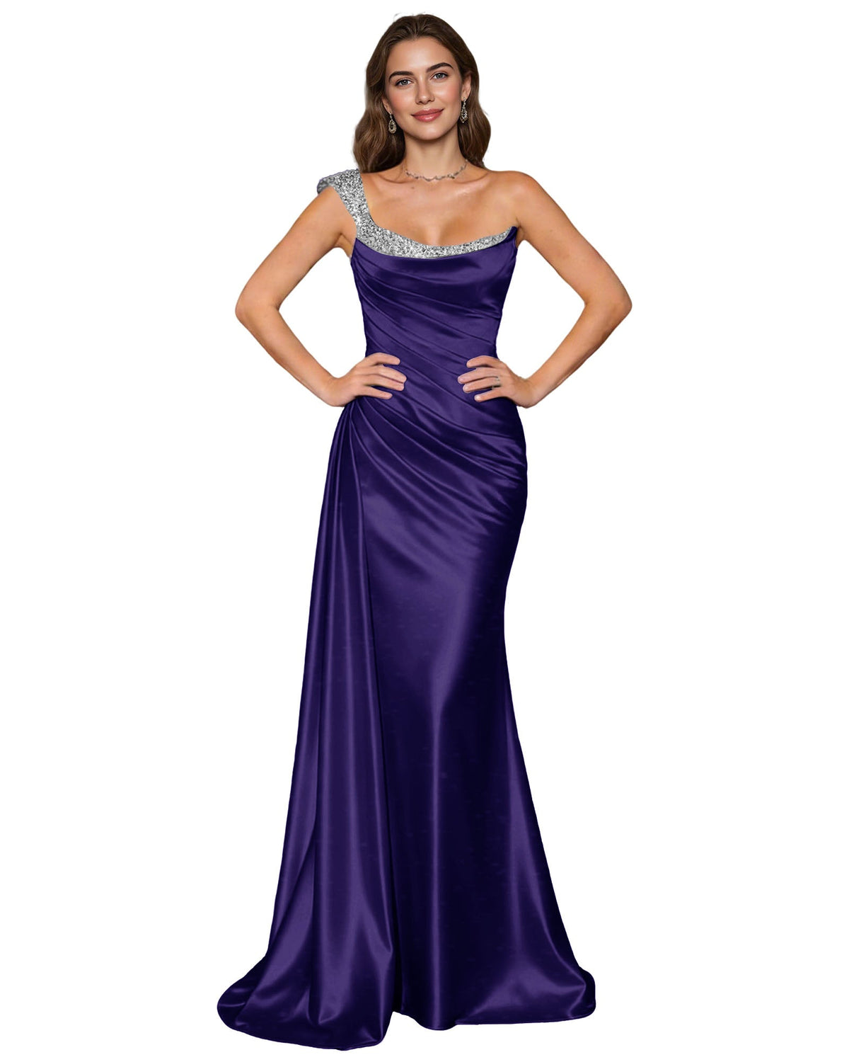 Deep purple satin mermaid prom dress with draped cowl neckline and rhinestone spaghetti straps