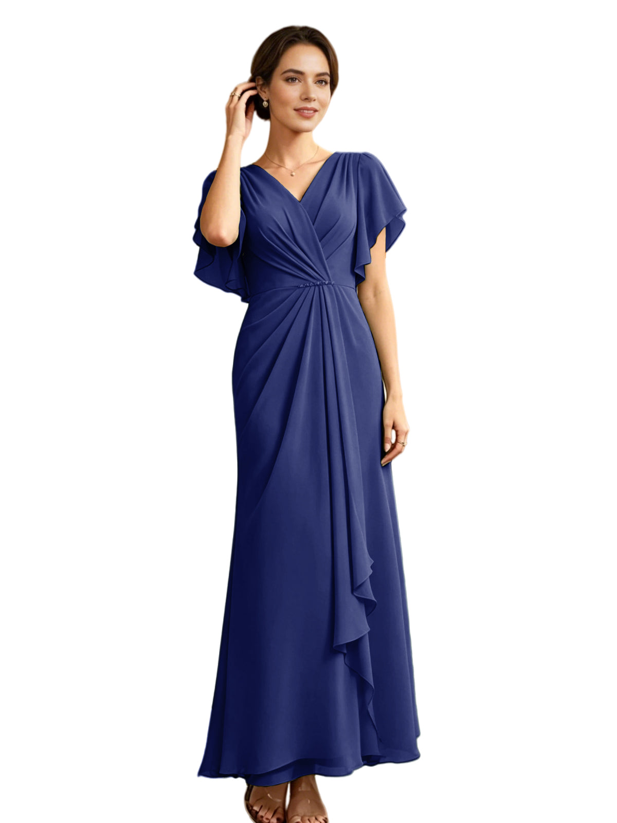Long royal blue chiffon V-neck A-line dress with flutter sleeves and wrap bodice