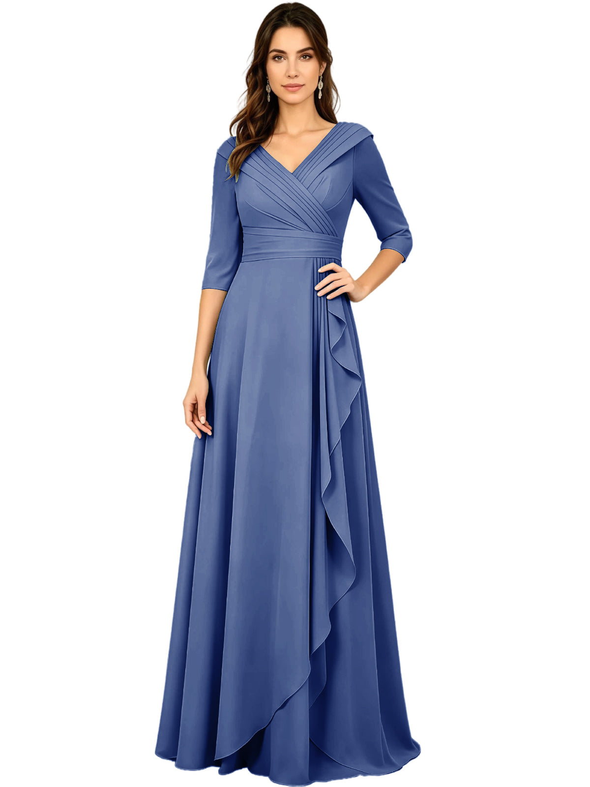 Long V-neck A-line chiffon gown, half sleeves, periwinkle blue with side ruffle drape
