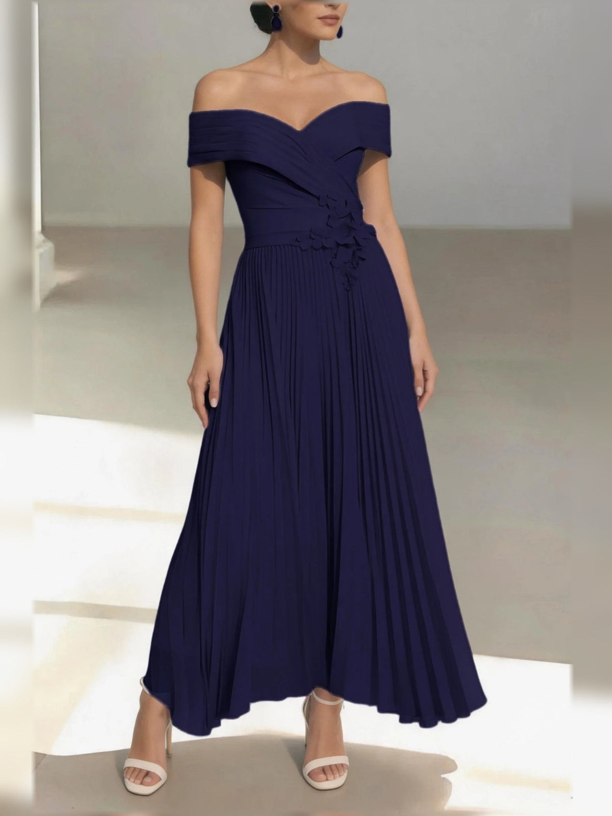 Dark navy one-shoulder A-line satin midi dress with ruched bodice and pleated skirt