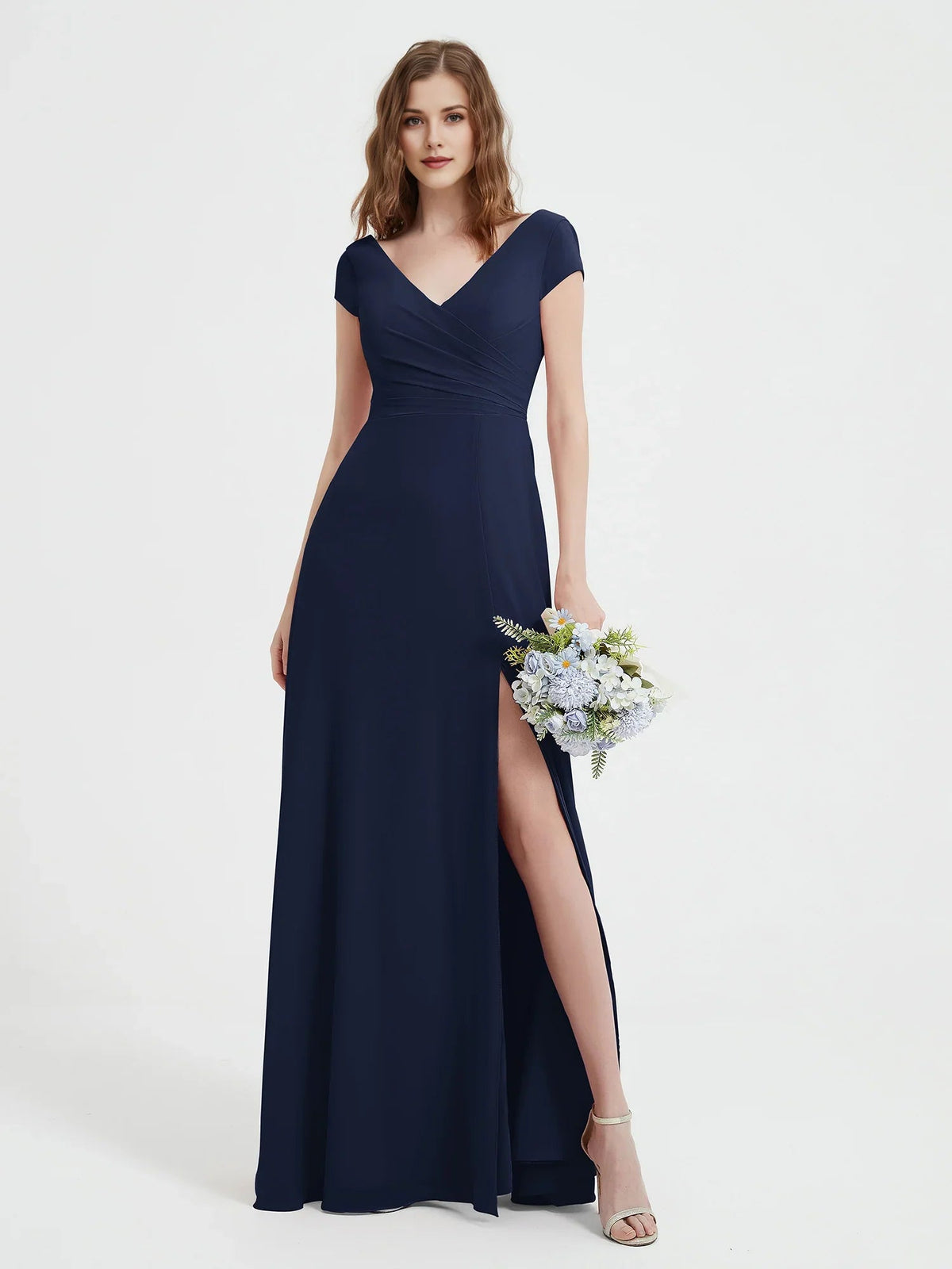 Dark navy V-neck maxi chiffon dress with ruched waist and side slit
