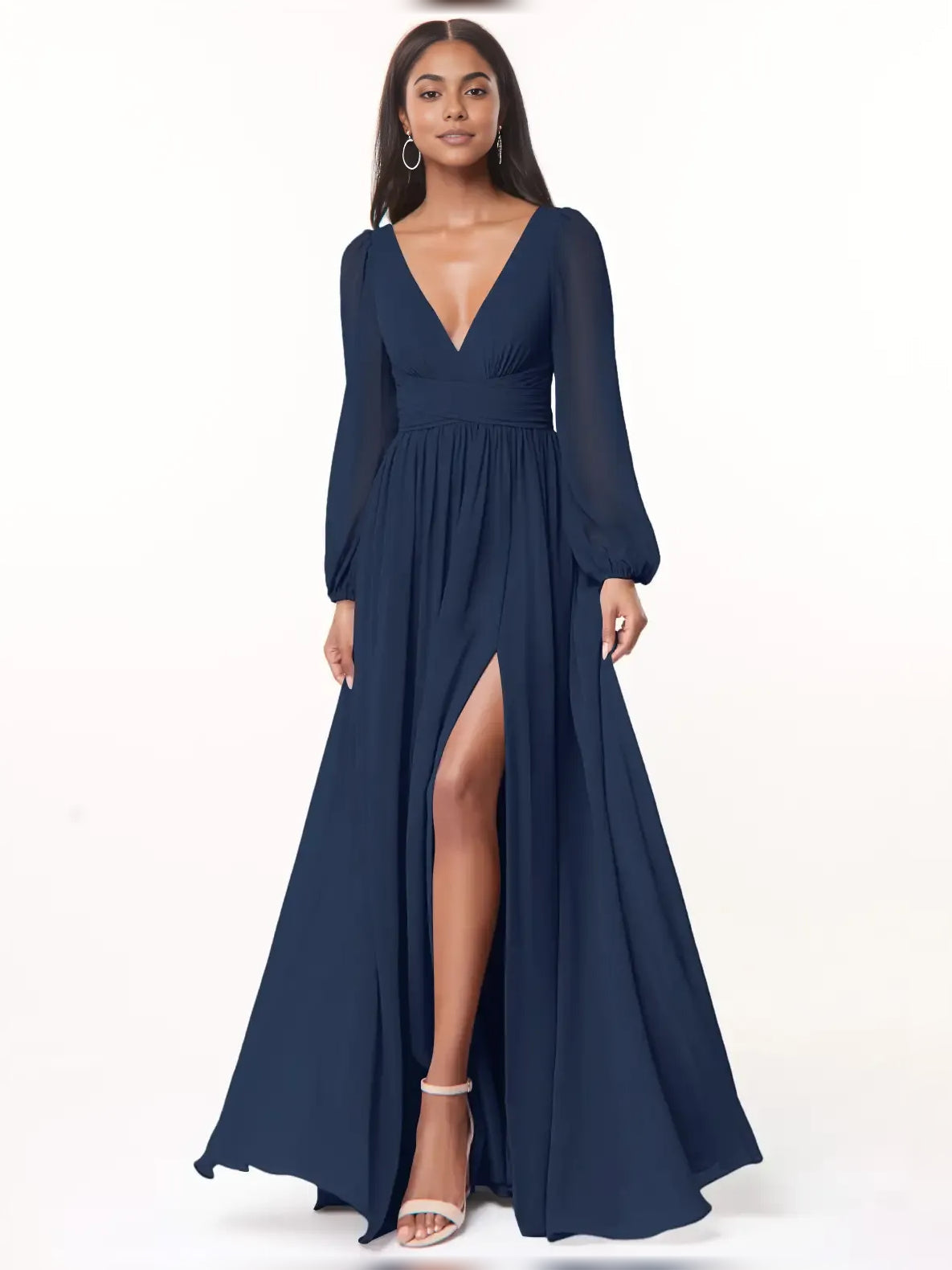 Dark blue chiffon bridesmaid dress with plunging V-neck, long sleeves, A-line slit skirt