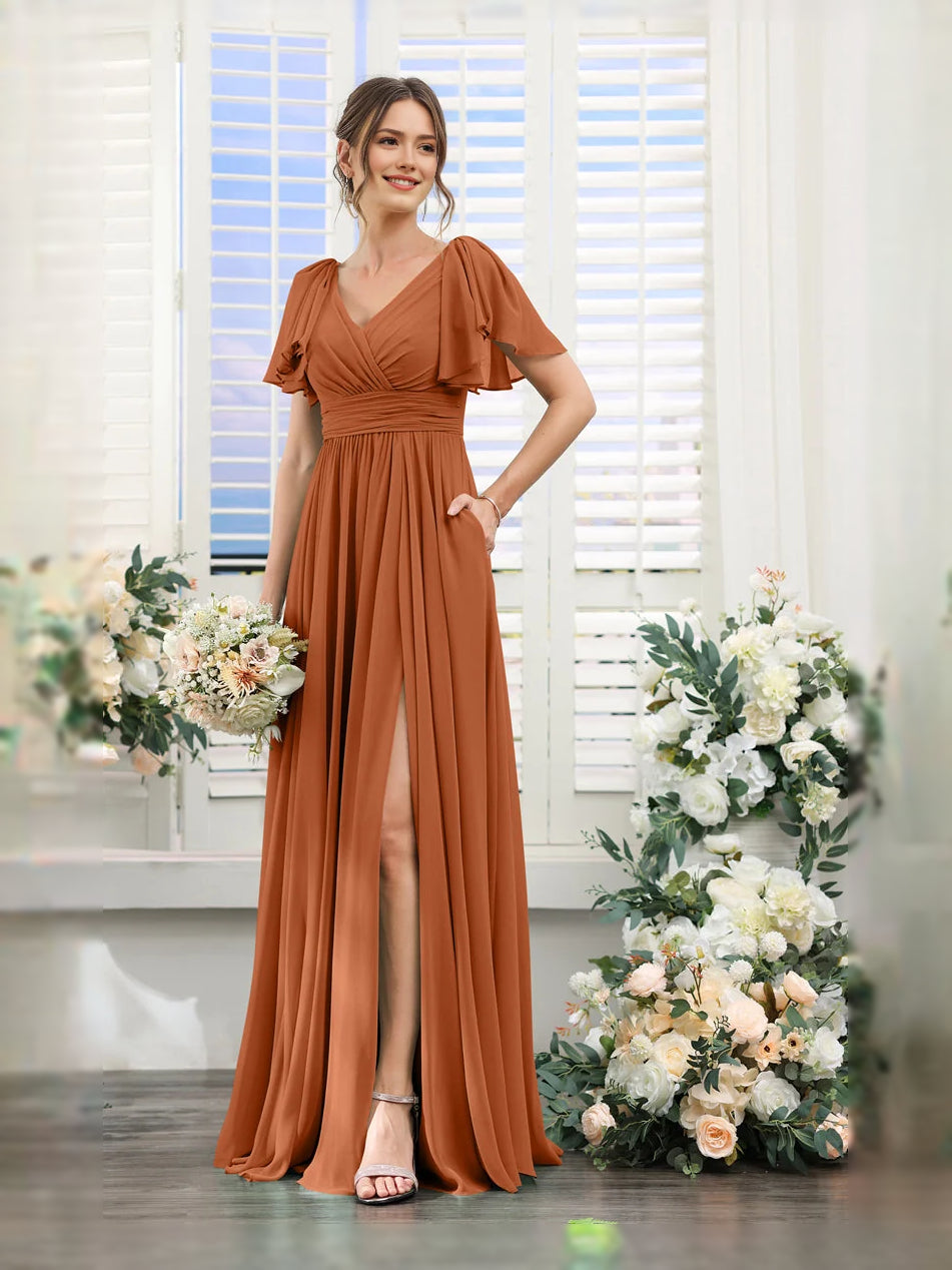 V-neck A-line chiffon bridesmaid dress in burnt orange, flutter sleeves, floor-length
