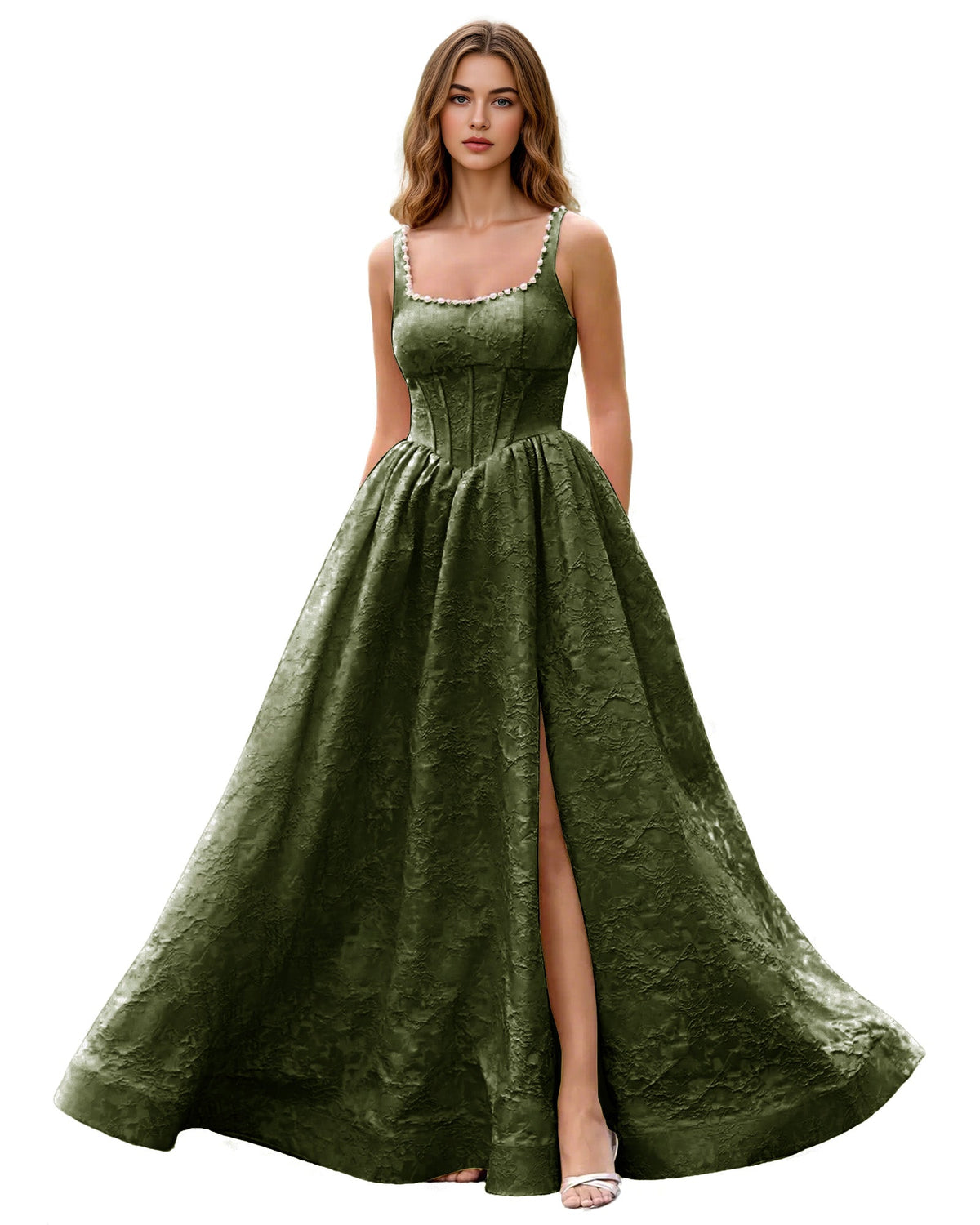 Emerald green square-neck jacquard ball gown prom dress with wide straps and front slit