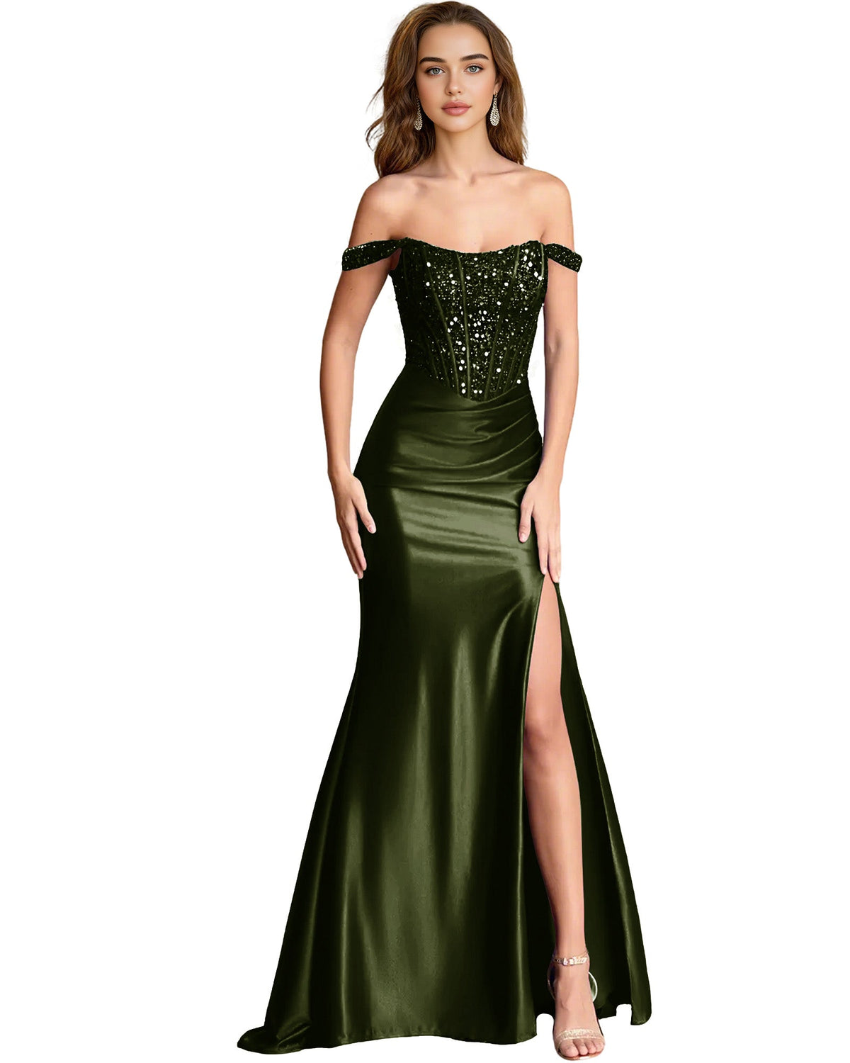 Green off-shoulder sequin satin mermaid dress with draped bodice and slit