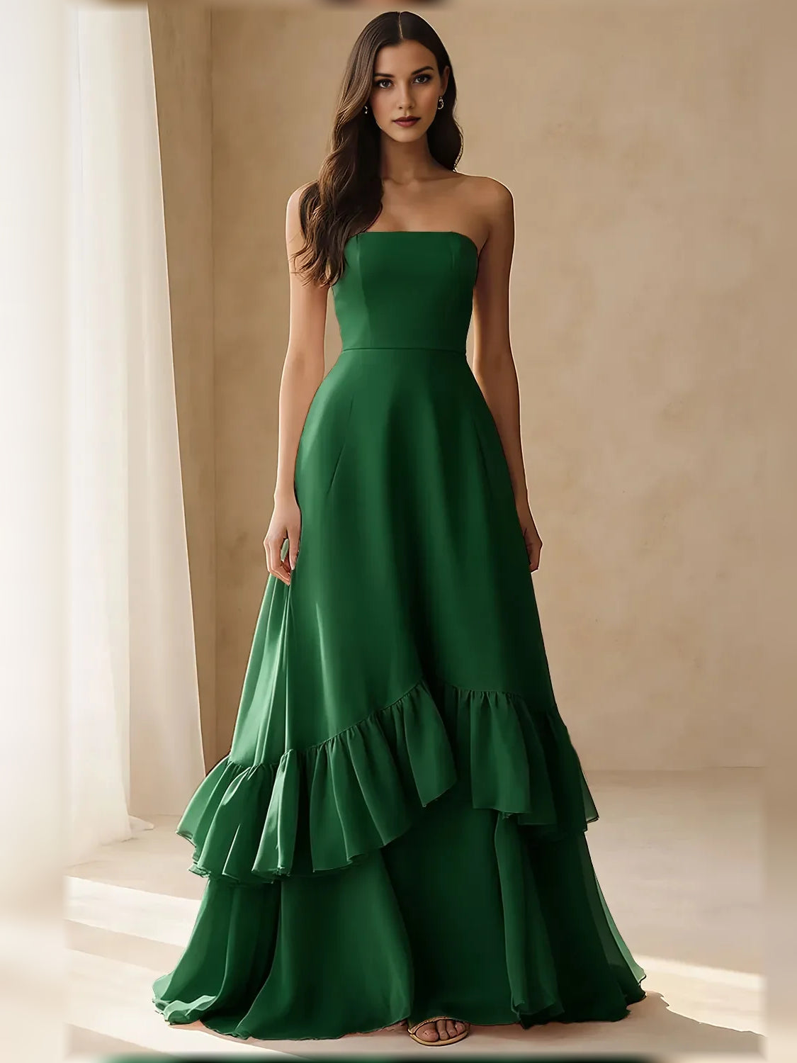 Strapless tiered ruffle chiffon A-line formal dress in emerald green