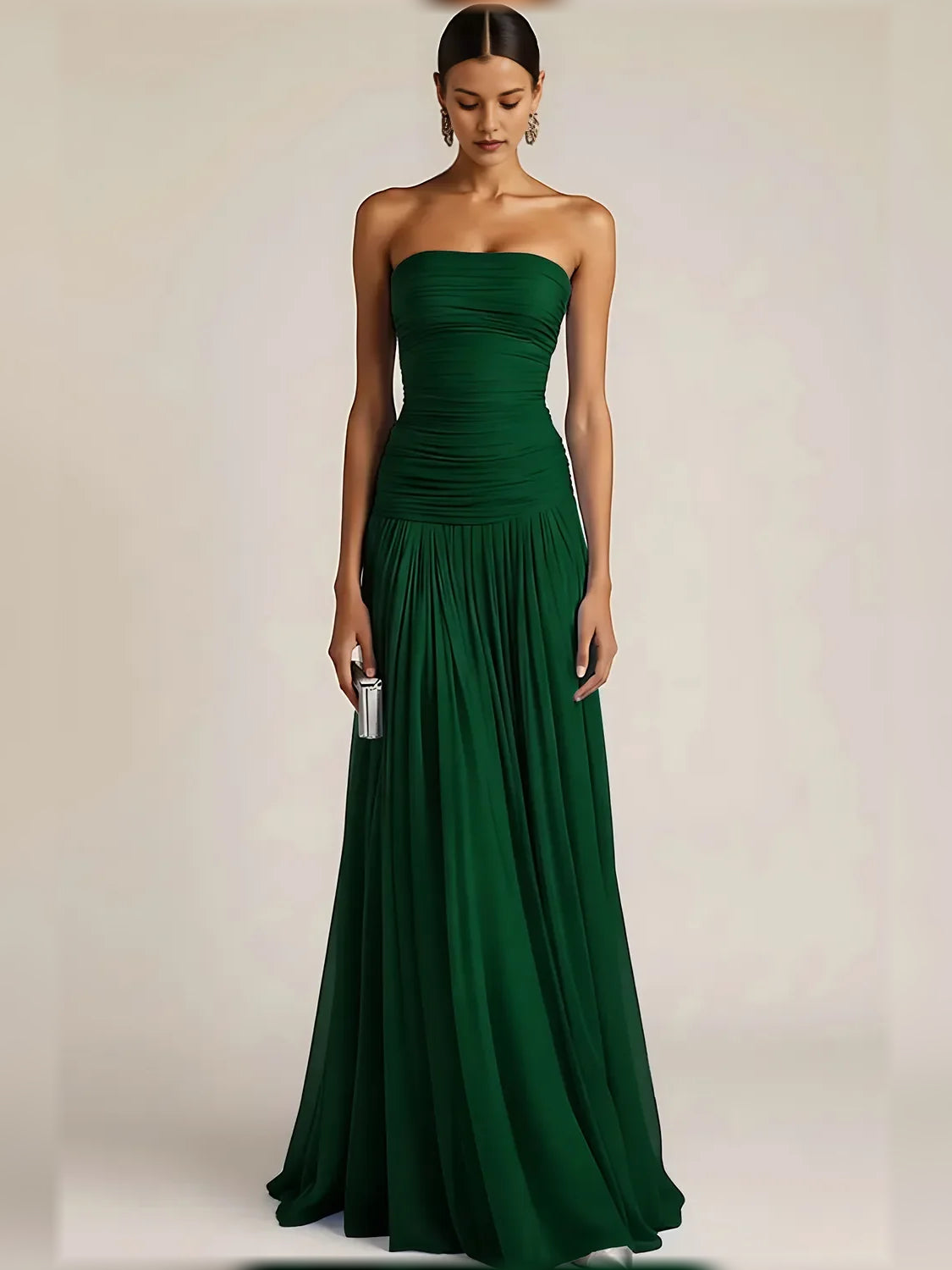 Emerald green strapless ruched pleated floor-length formal dress with soft pleats