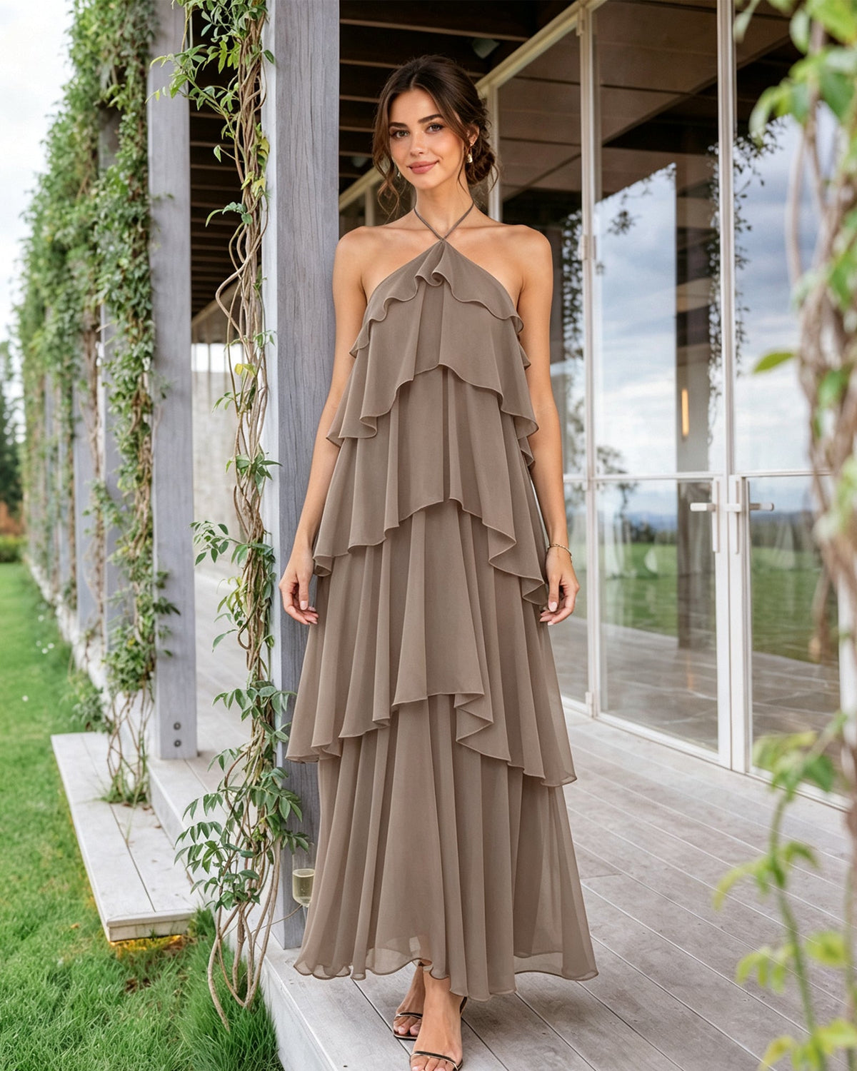 Tiered halter chiffon bridesmaid dress, taupe tiered ruffle overlay and flowing skirt