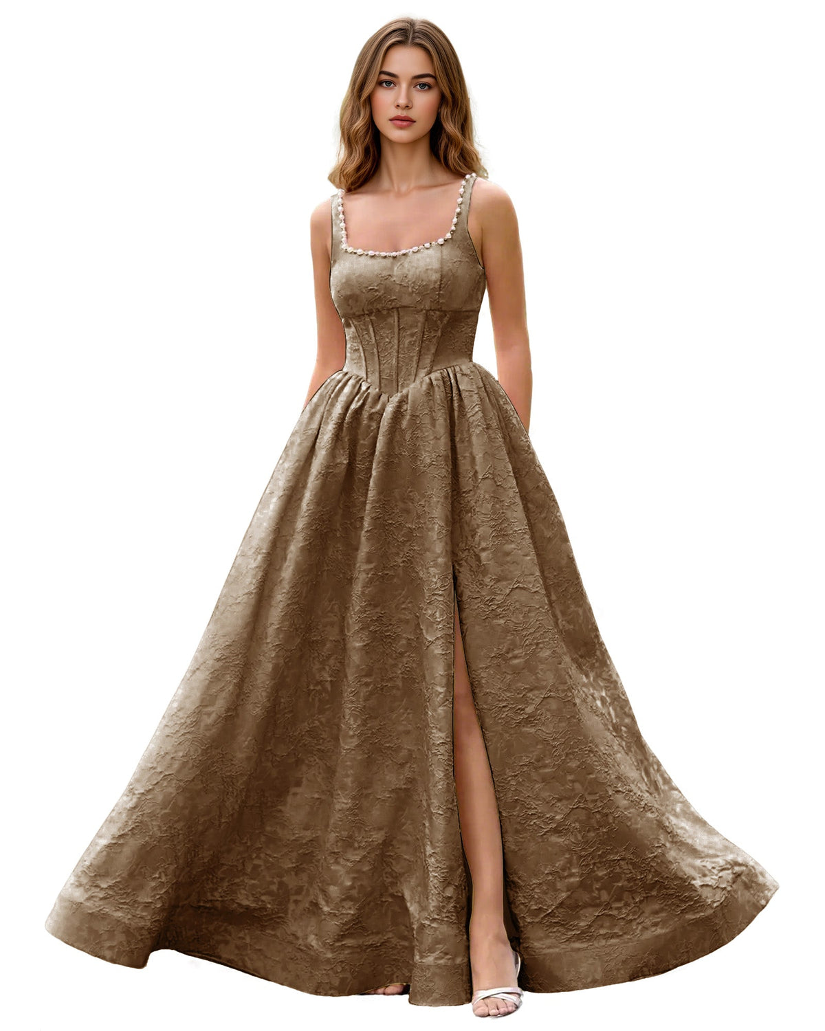 Champagne square-neck jacquard ball gown prom dress with wide straps and front slit