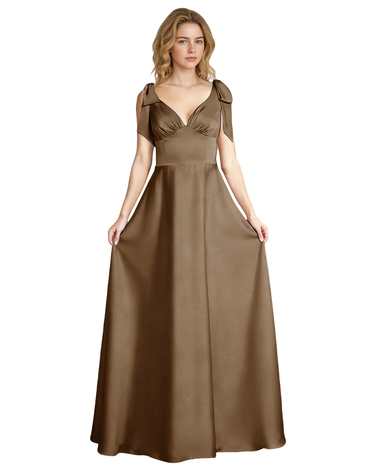 Taupe satin V-neck bridesmaid dress with bow shoulder straps, empire waist, full skirt.