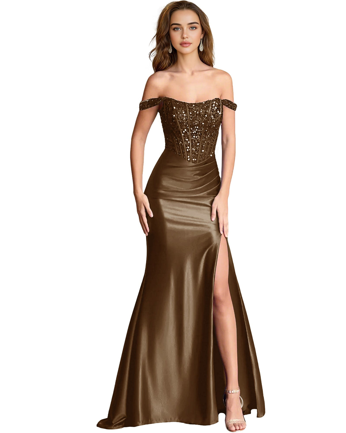 Champagne brown off-shoulder sequin satin mermaid dress with draped bodice and slit