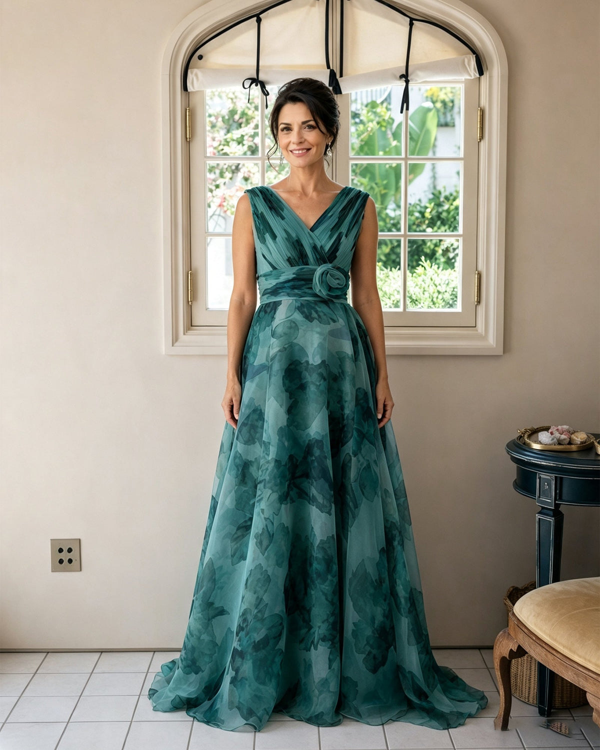 Floral-print chiffon V-neck mother of the bride dress, teal green, rosette sash