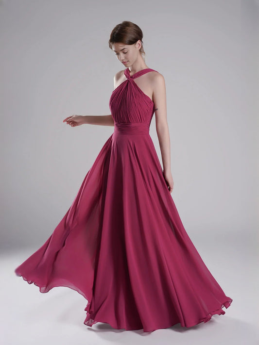 Fuchsia halter-neck chiffon A-line bridesmaid dress with dramatic ruffled skirt