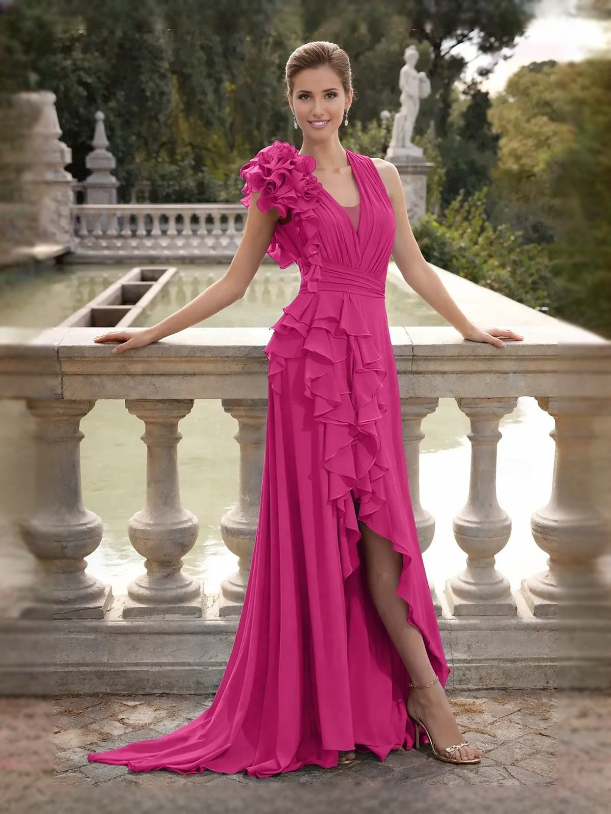 Fuchsia ruched ruffled A-line maxi chiffon V-neck prom dress with thigh slit