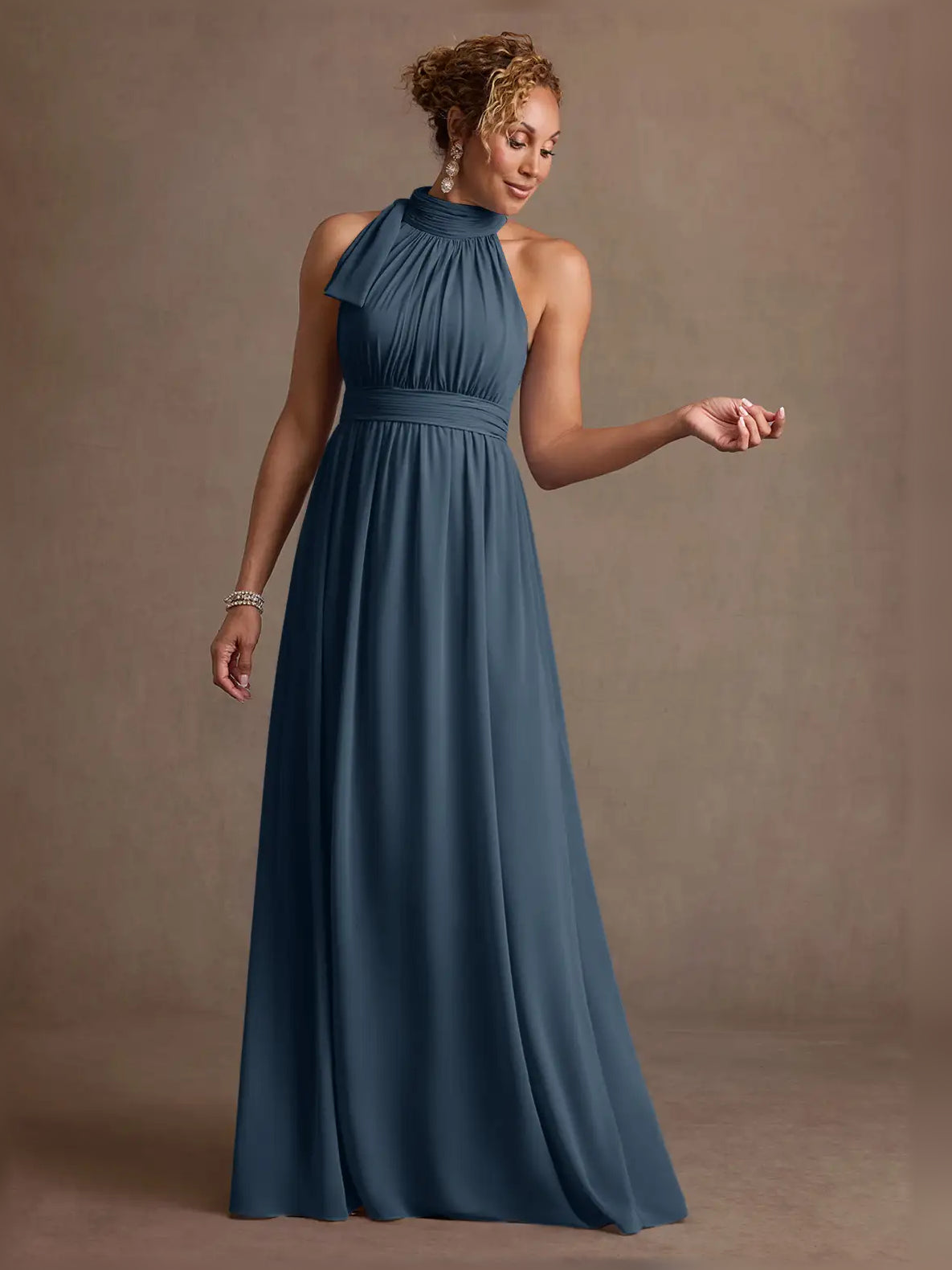 Navy blue halter neck ruched A-line formal dress, floor-length skirt with gathered bodice