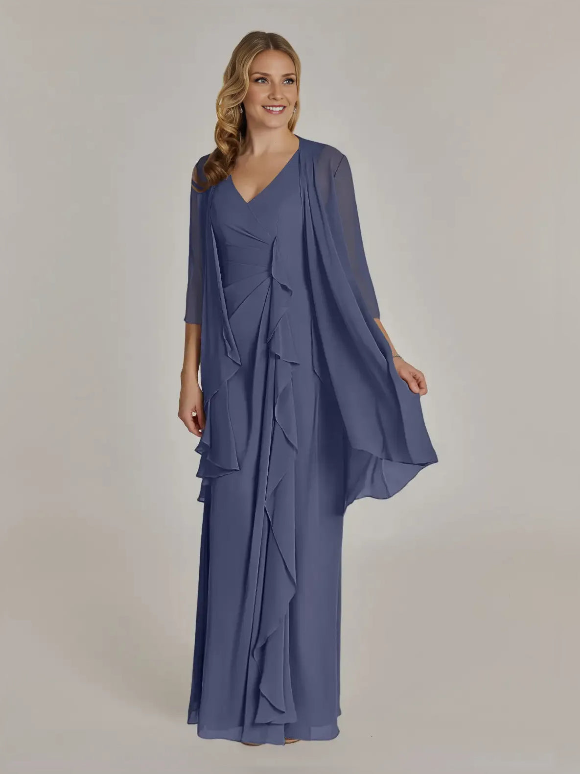 Blue v-neck layered chiffon maxi sheath dress with draped ruffle tiers and cape sleeves