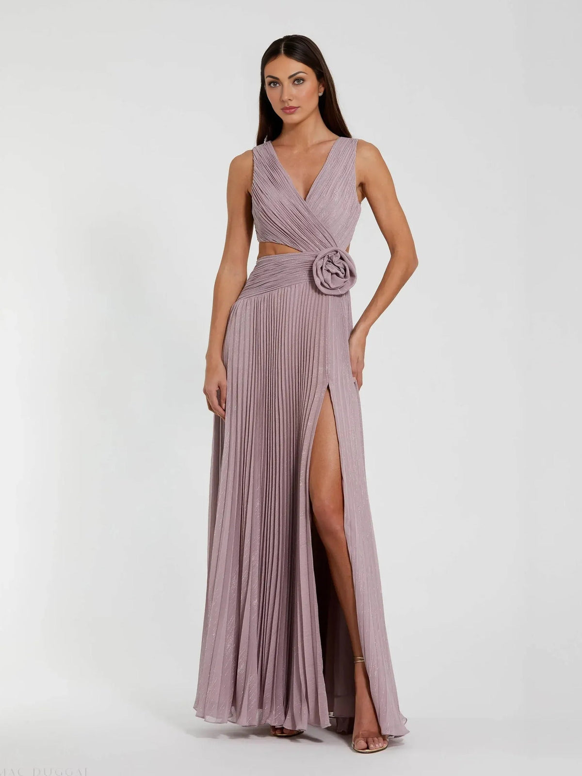 Mauve pleated V-neck maxi dress with side slit and large rosette waist accent