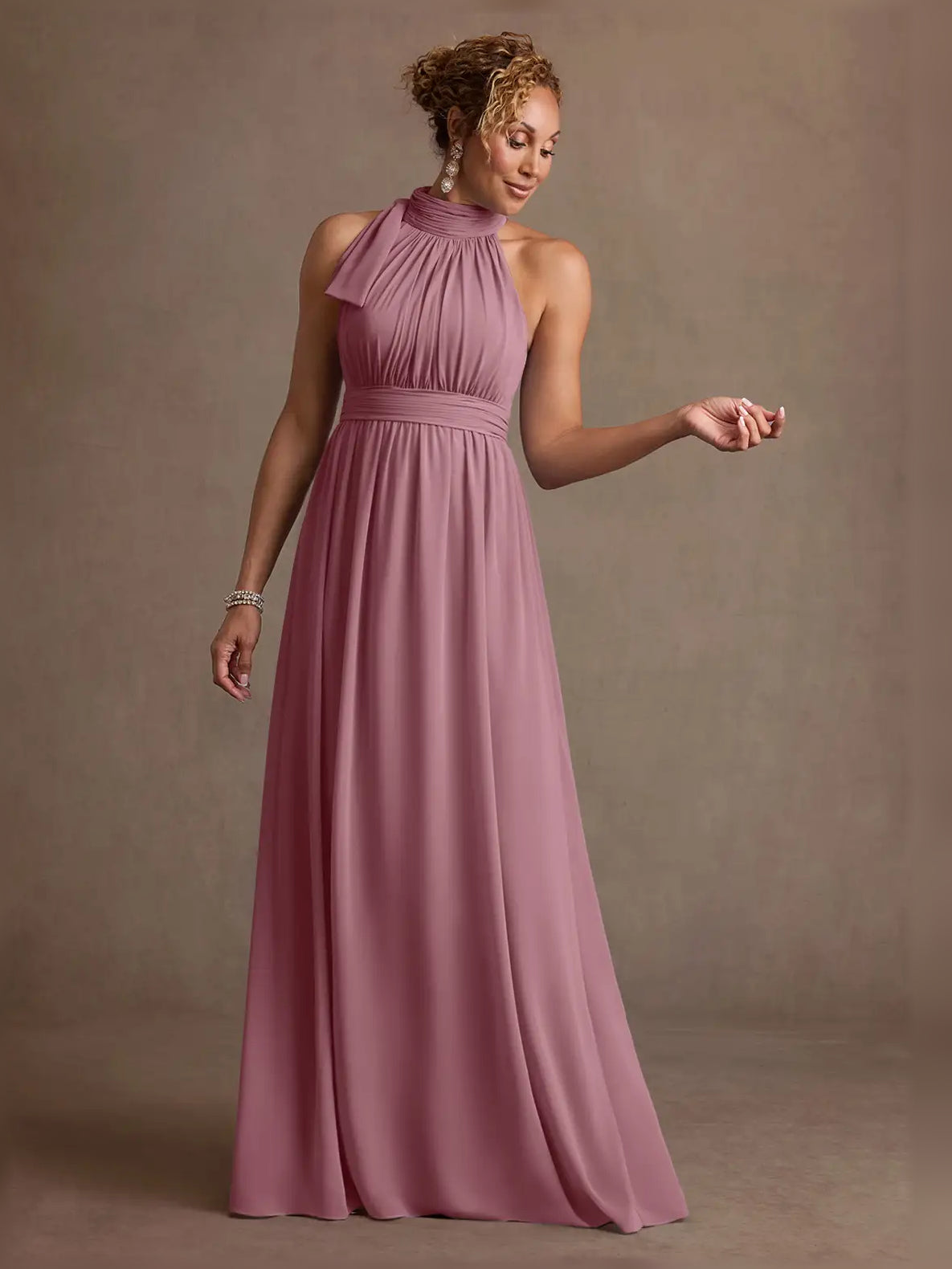 Mauve halter neck ruched A-line formal dress, floor-length skirt with gathered bodice
