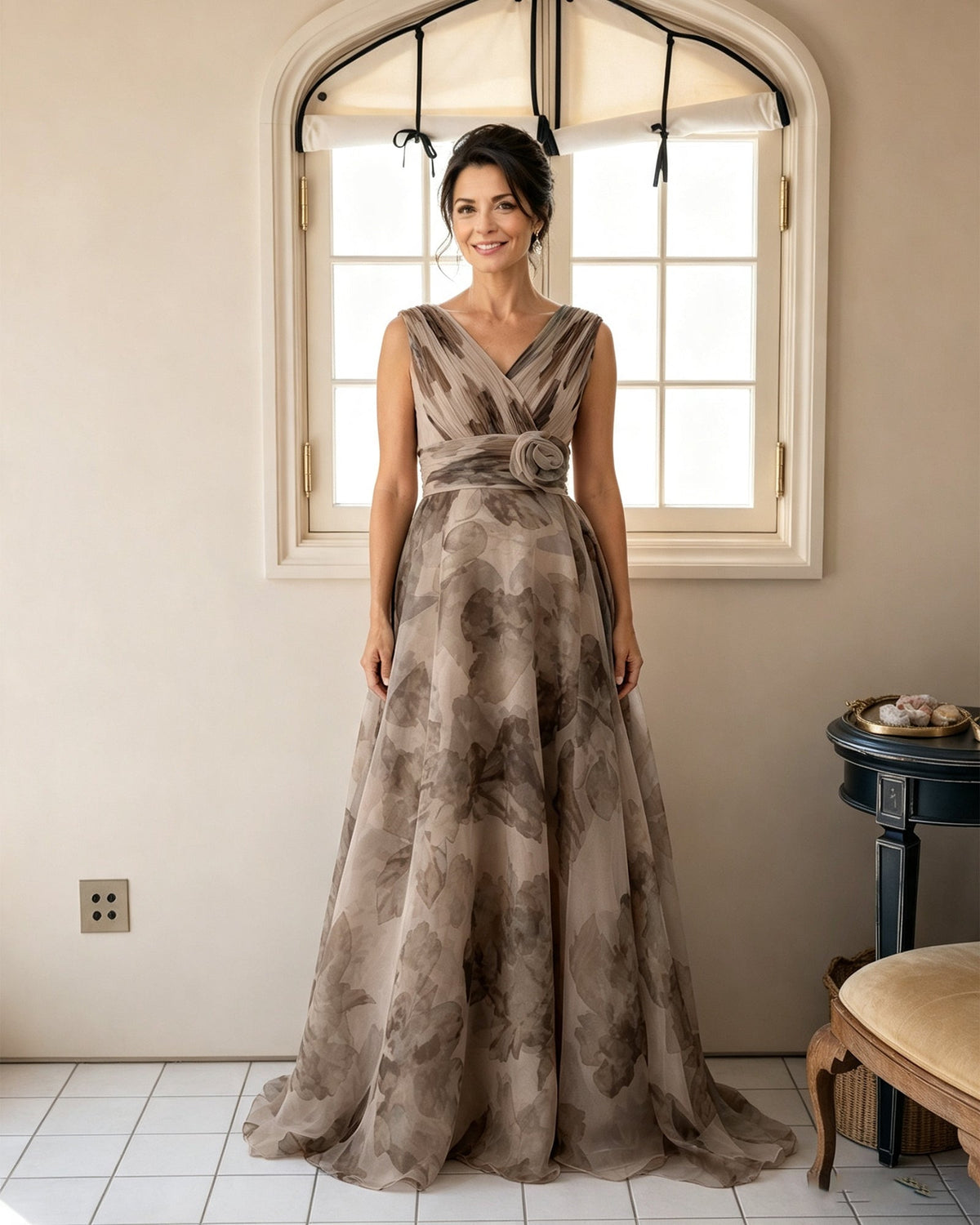 Floral-print chiffon V-neck mother of the bride dress, taupe, rosette sash