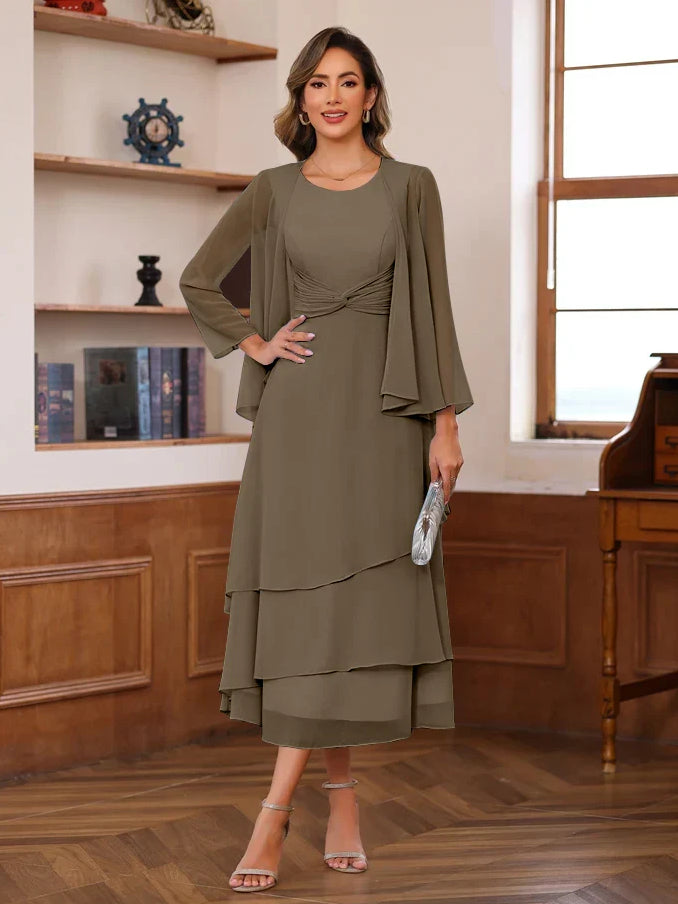 Olive scoop-neck A-line midi chiffon dress with draped sleeve overlay