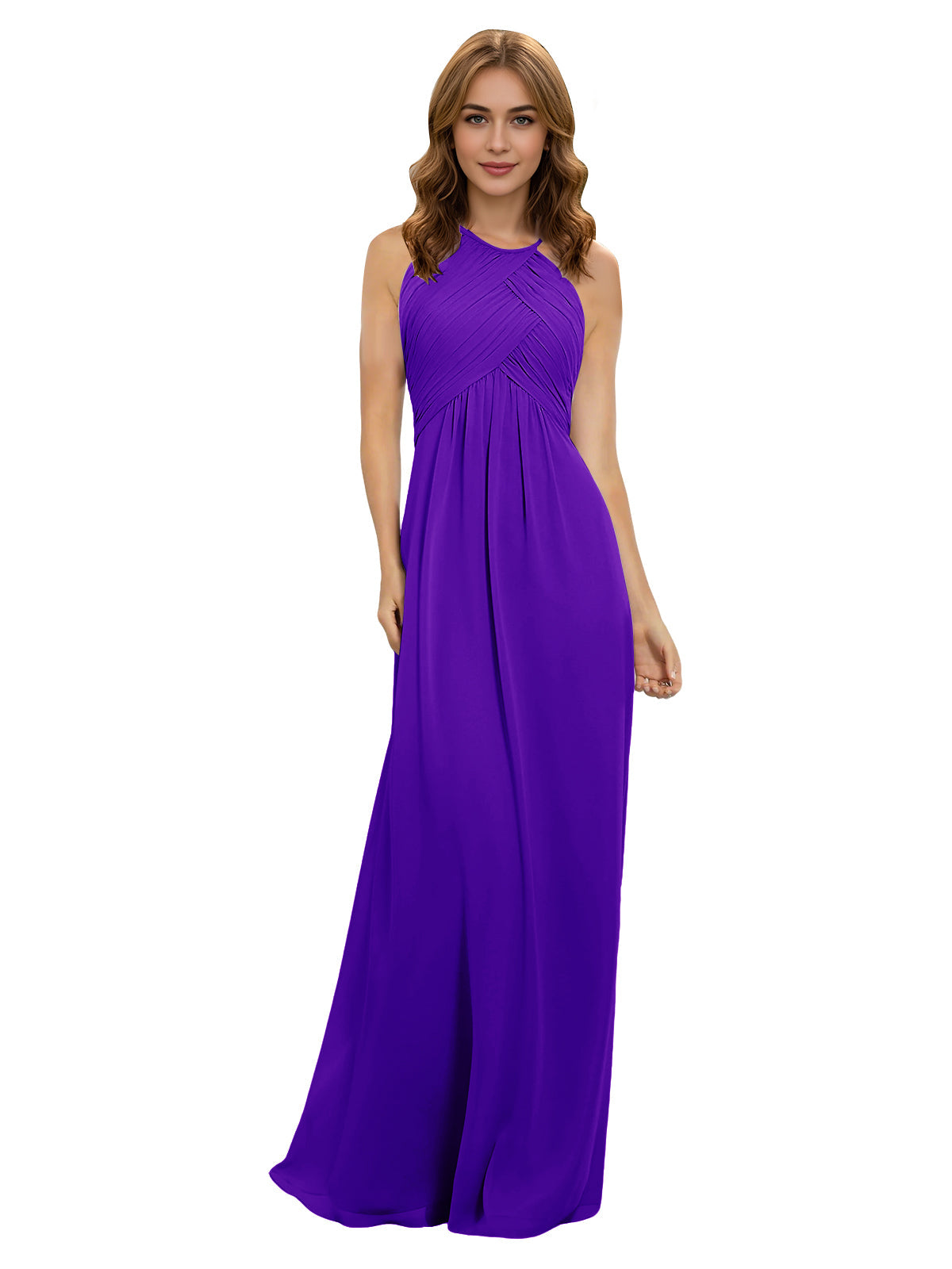 Purple chiffon halter bridesmaid dress with twisted bodice and keyhole neckline