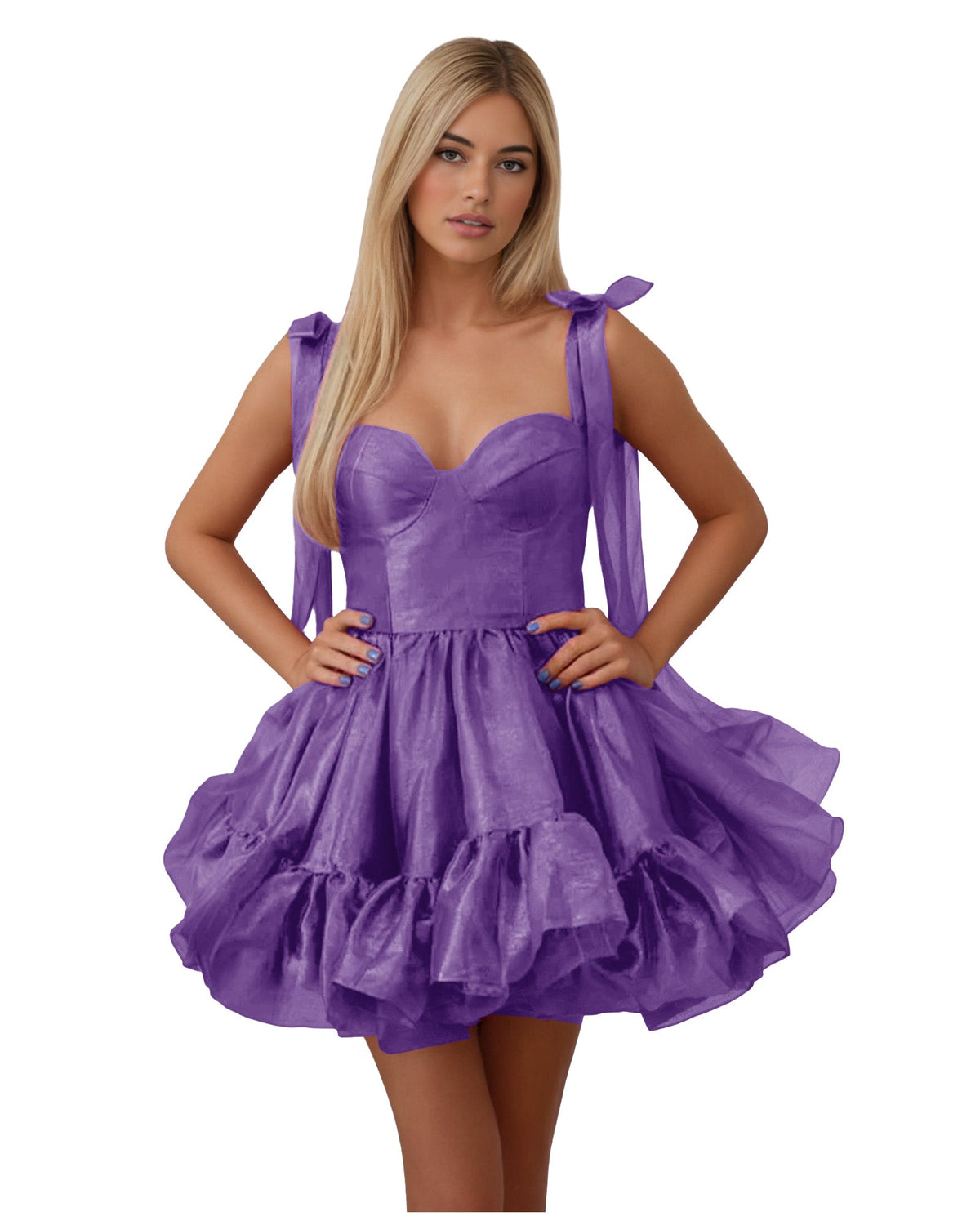 Satin corset homecoming dress in purple with bow shoulder straps and tiered ruffle skirt