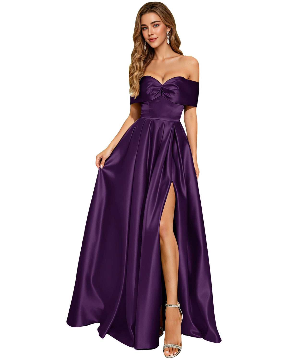 Satin A-line prom dress in royal purple with bow bust, pleated bodice, thigh slit