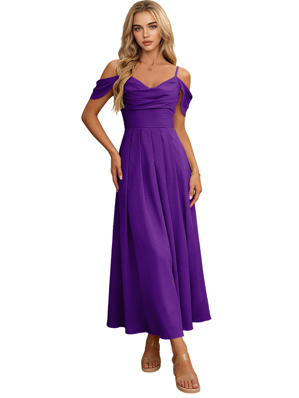 Purple off-shoulder midi bridesmaid dress with pleated bodice and flowing skirt