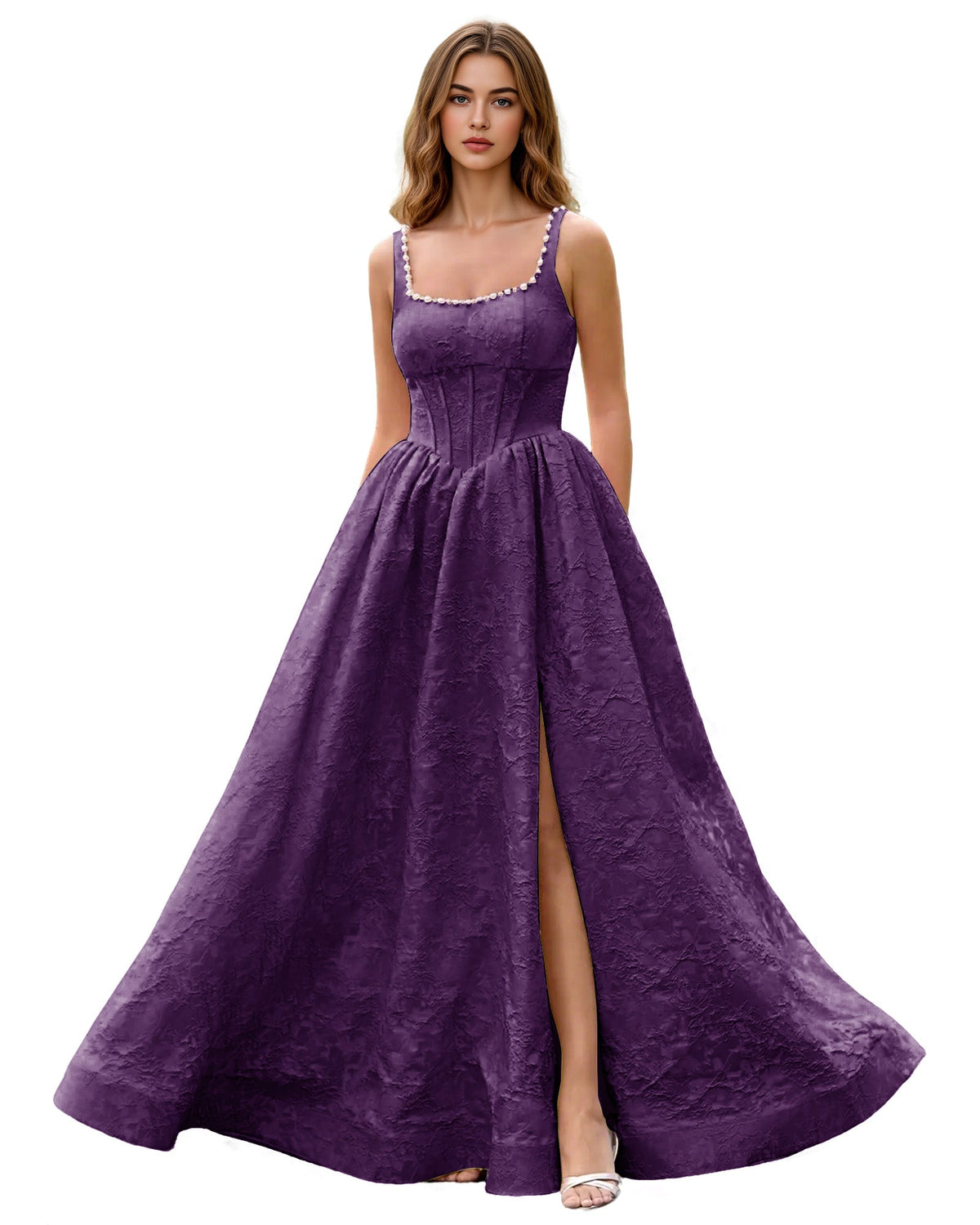 Lavender purple square-neck jacquard ball gown prom dress with wide straps and front slit