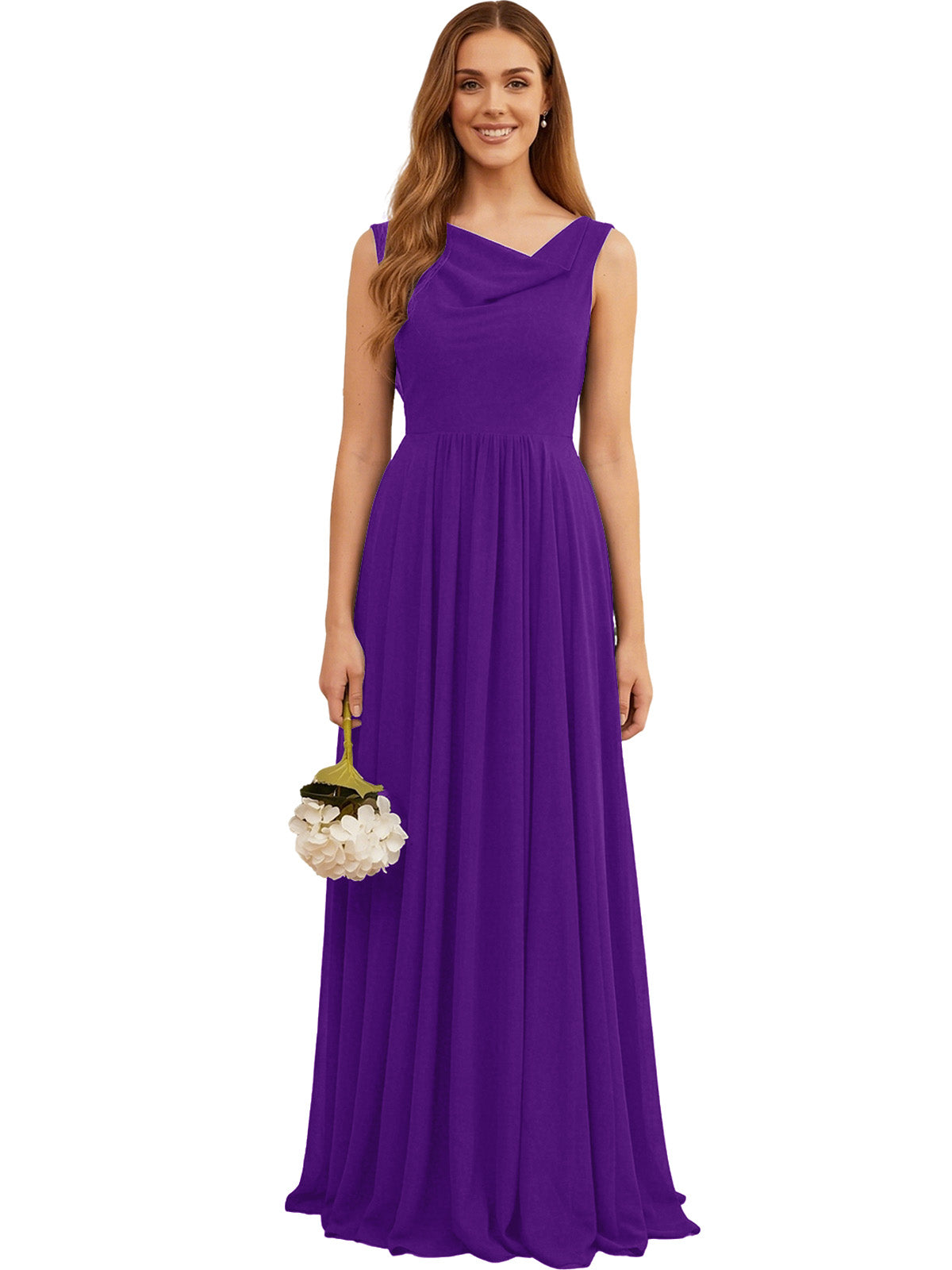 Purple chiffon bridesmaid dress, sleeveless V-neck with pleated full skirt