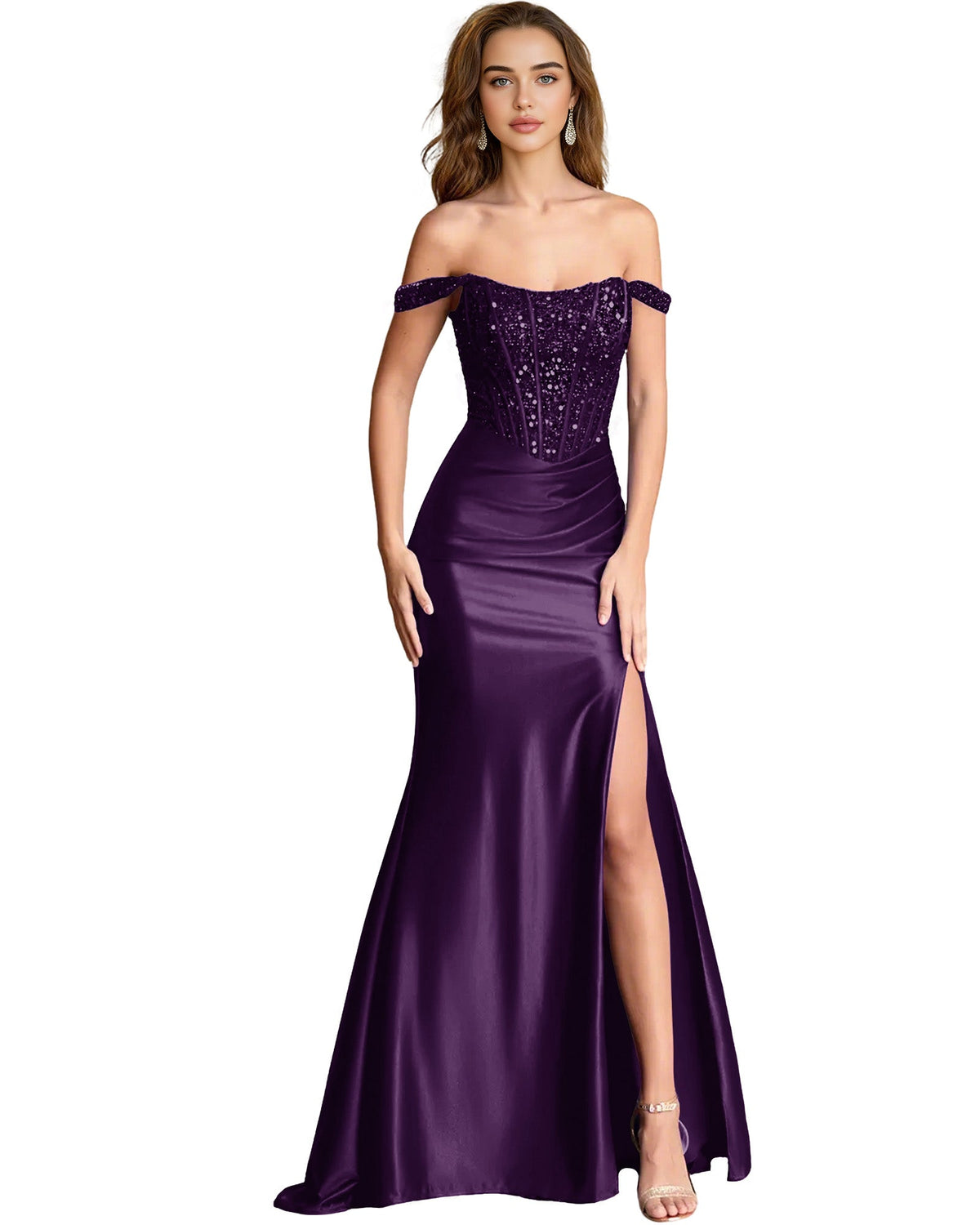 Off-shoulder sequin satin mermaid dress, dark purple, draped bodice and thigh slit