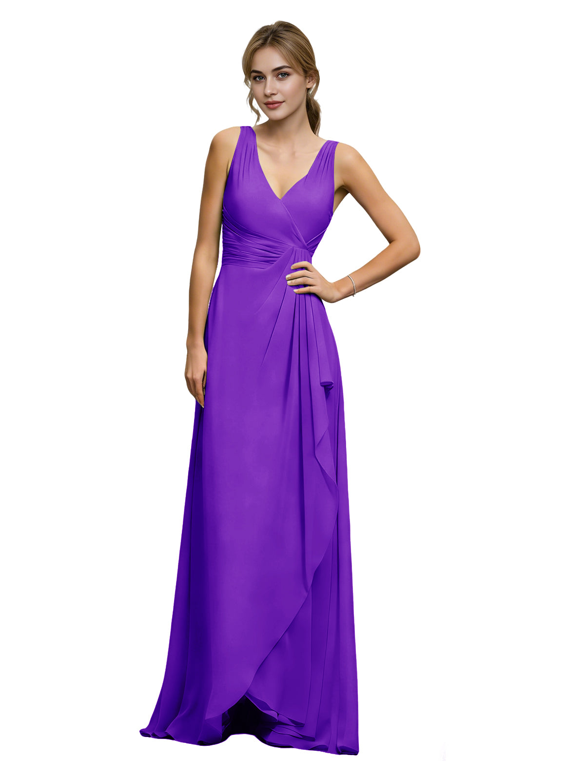 Halter V-neck chiffon bridesmaid dress with draped sash waist, purple