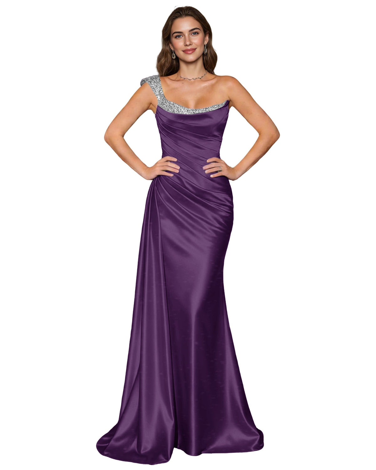 Purple satin mermaid prom dress with rhinestone-trim spaghetti straps and cowl neck