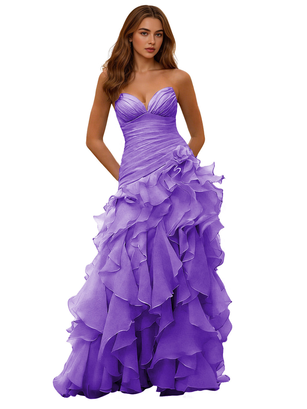 Strapless ruffle ball gown with draped corset bodice, purple ombre layered skirt.