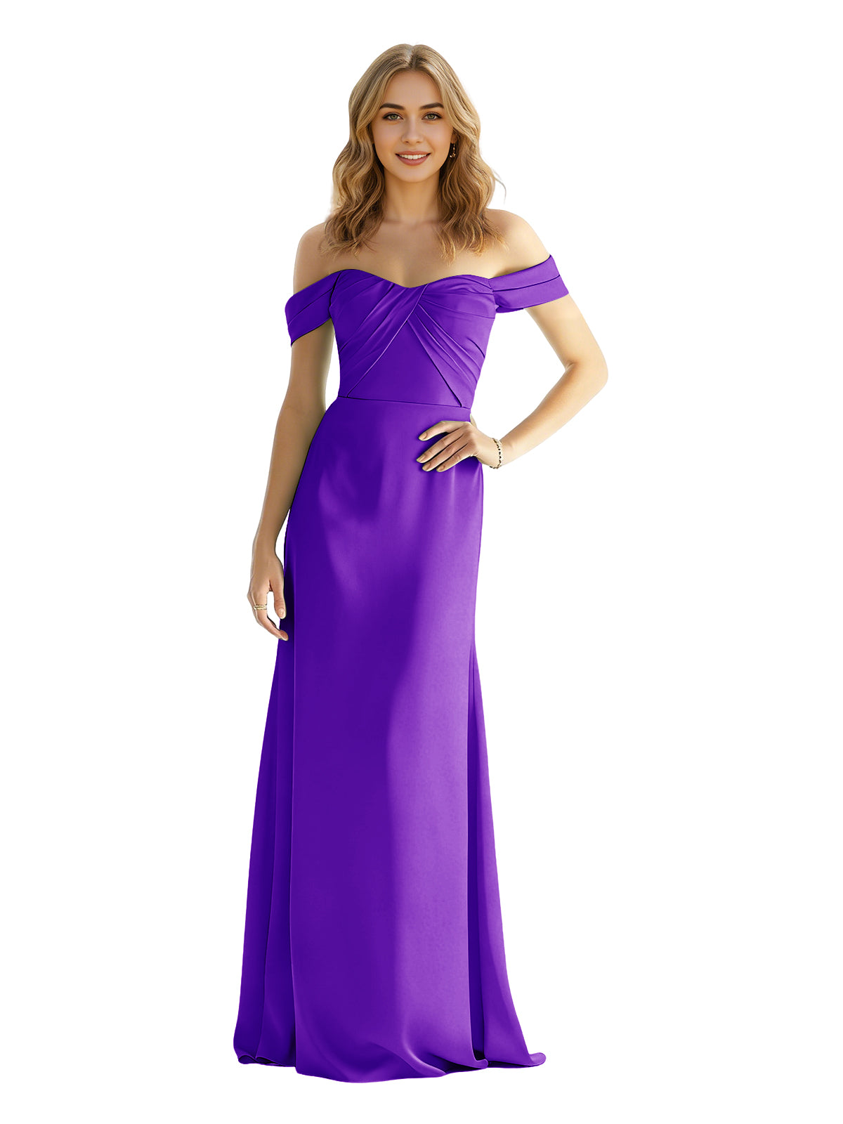 Off-shoulder satin bridesmaid dress, wrapped bodice, floor-length skirt in vivid purple.