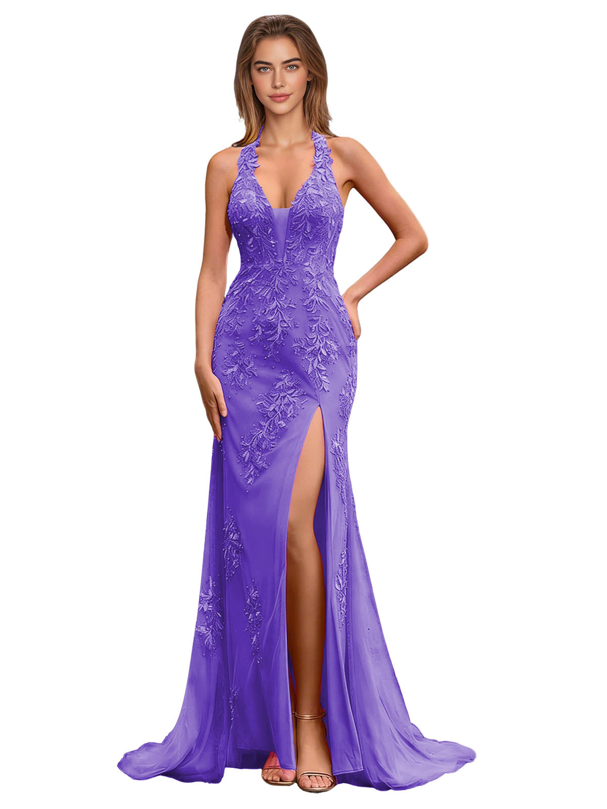 Halter lace mermaid prom dress in lilac, applique bodice and thigh slit