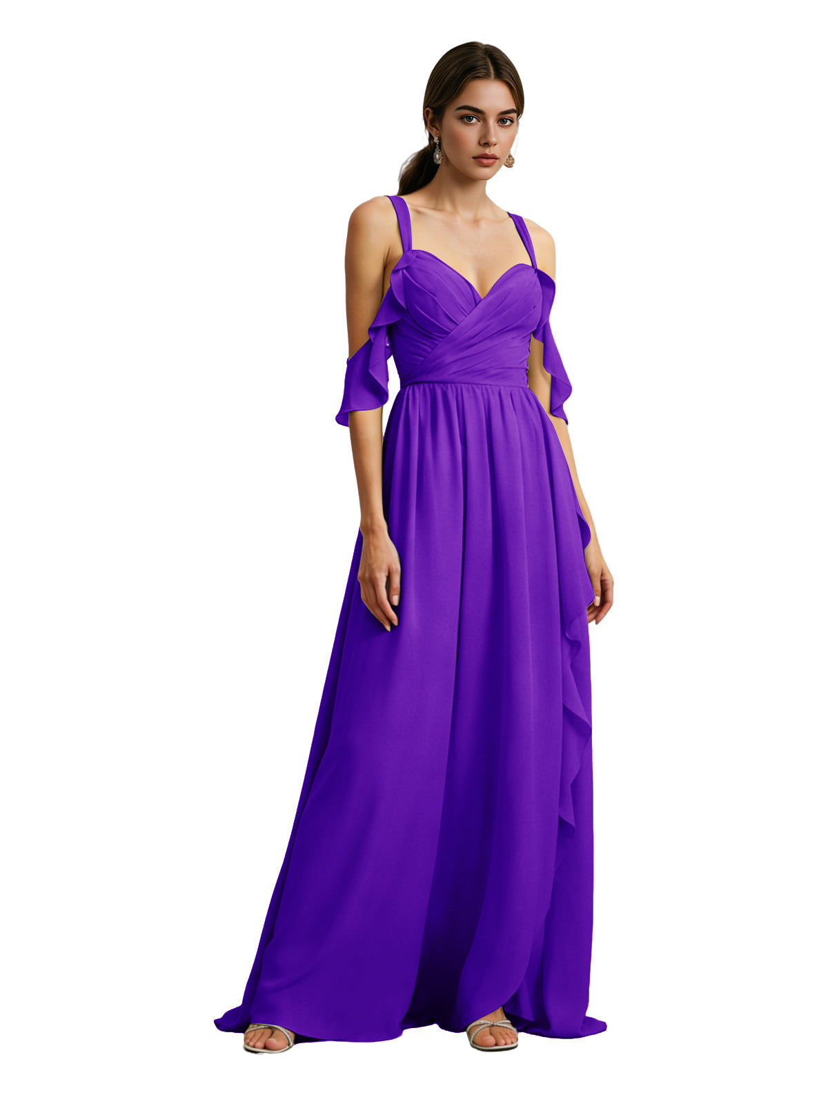 Royal purple chiffon cold-shoulder bridesmaid dress with draped V-neck bodice, maxi