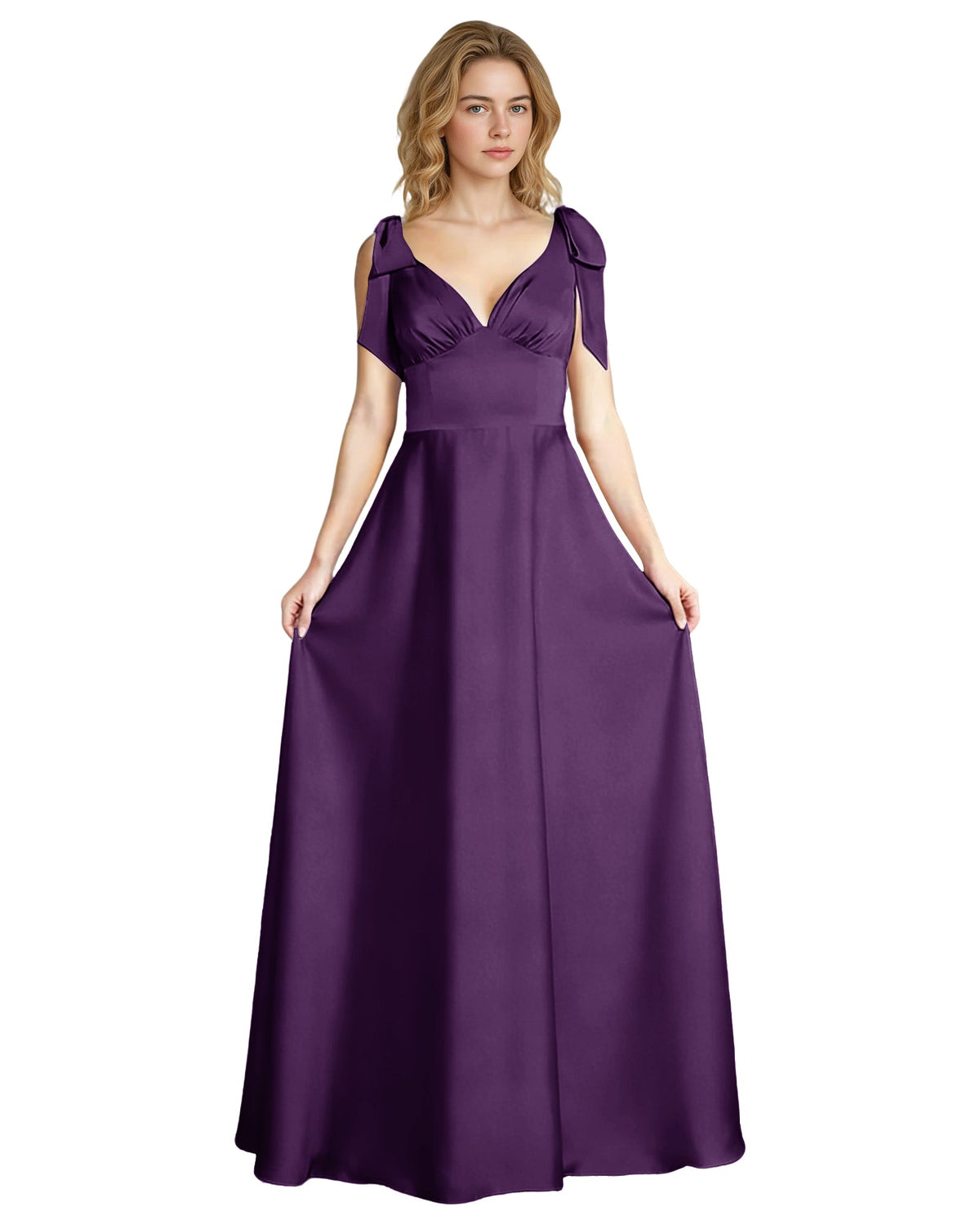 Purple satin V-neck bridesmaid dress with bow shoulder straps, empire waist, full skirt.
