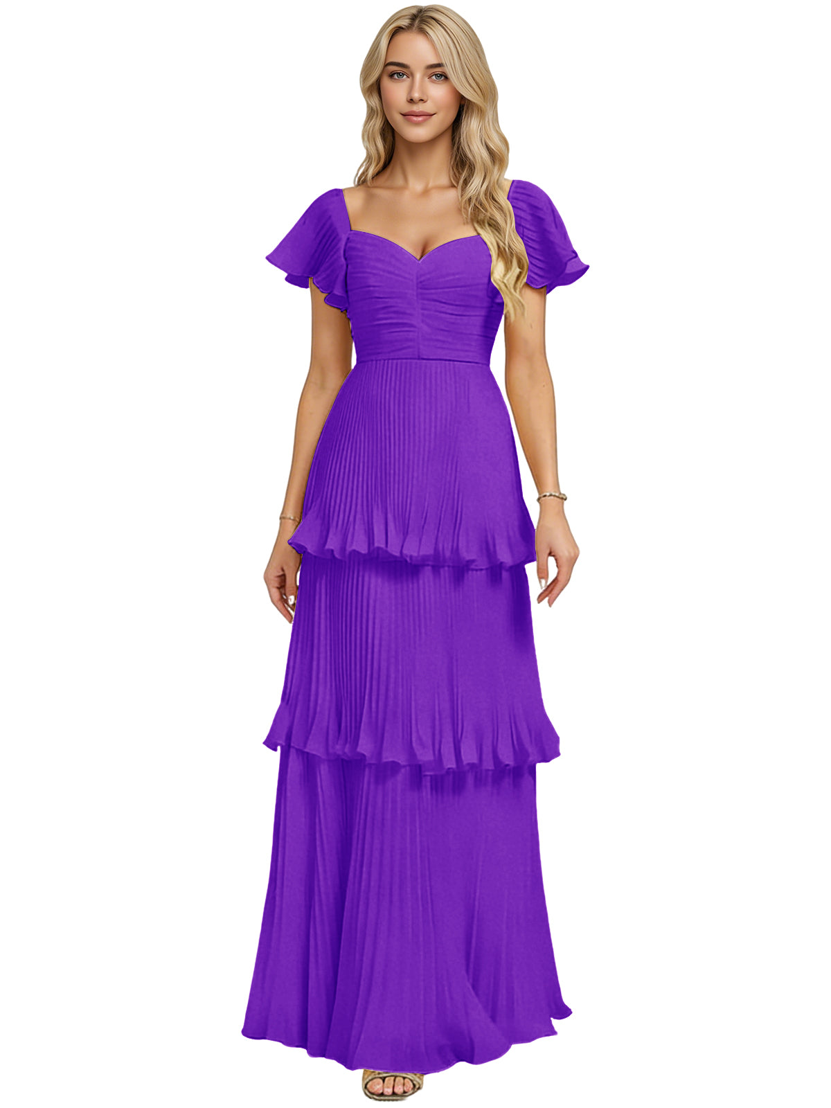 Purple chiffon bridesmaid dress with sweetheart neckline and tiered ruffle skirt