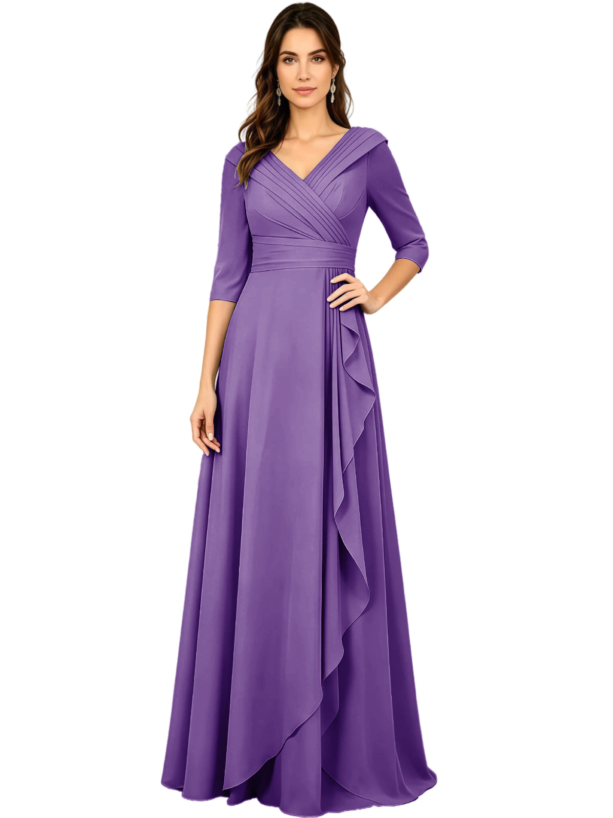 Long V-neck A-line chiffon gown, half sleeves, lavender purple with side ruffle drape